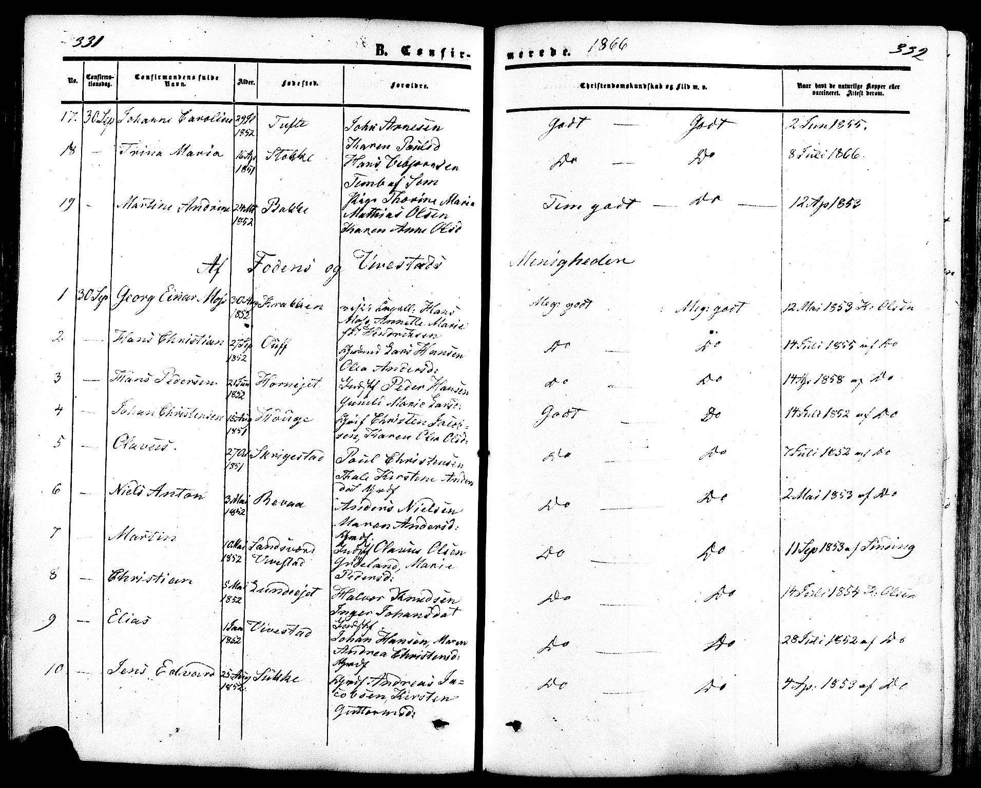 Ramnes kirkebøker, AV/SAKO-A-314/F/Fa/L0006: Parish register (official) no. I 6, 1862-1877, p. 331-332