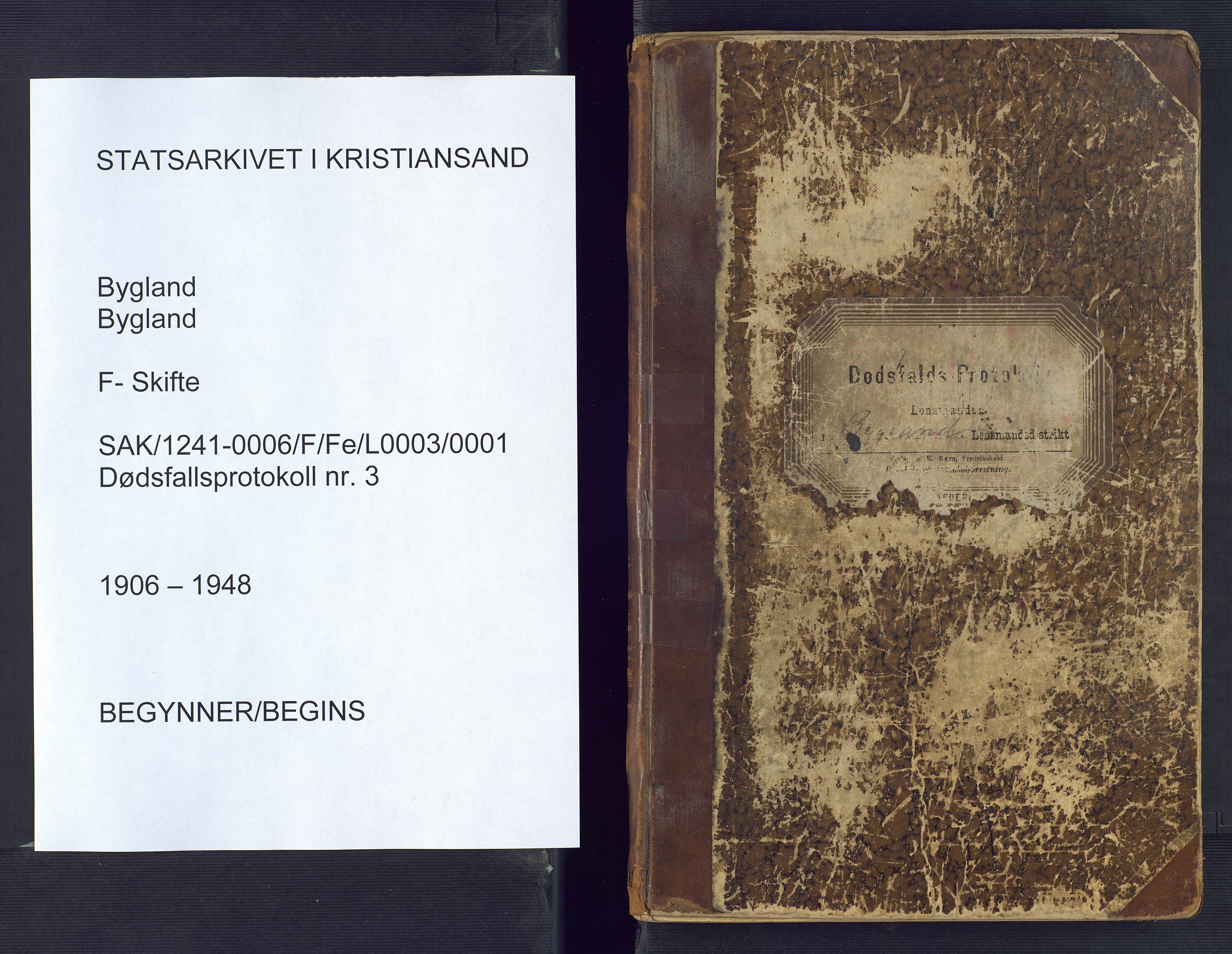 Bygland lensmannskontor, AV/SAK-1241-0006/F/Fe/L0003/0001: Dødsfall / Dødsfallsprotokoll, 1906-1948