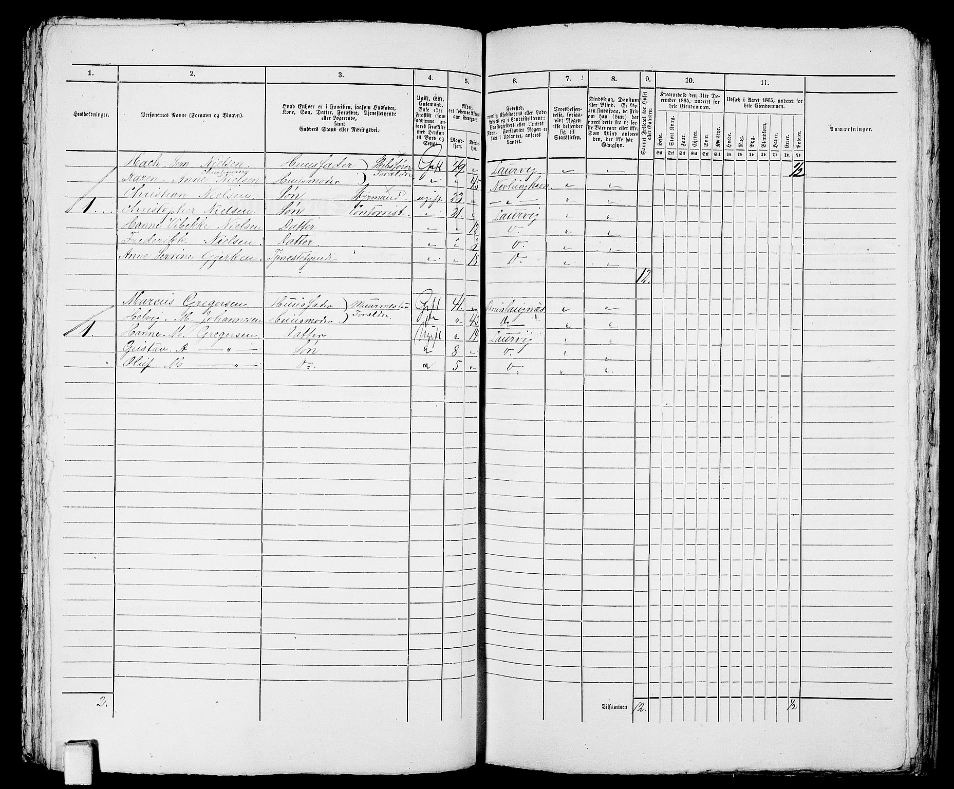 RA, 1865 census for Larvik, 1865, p. 837