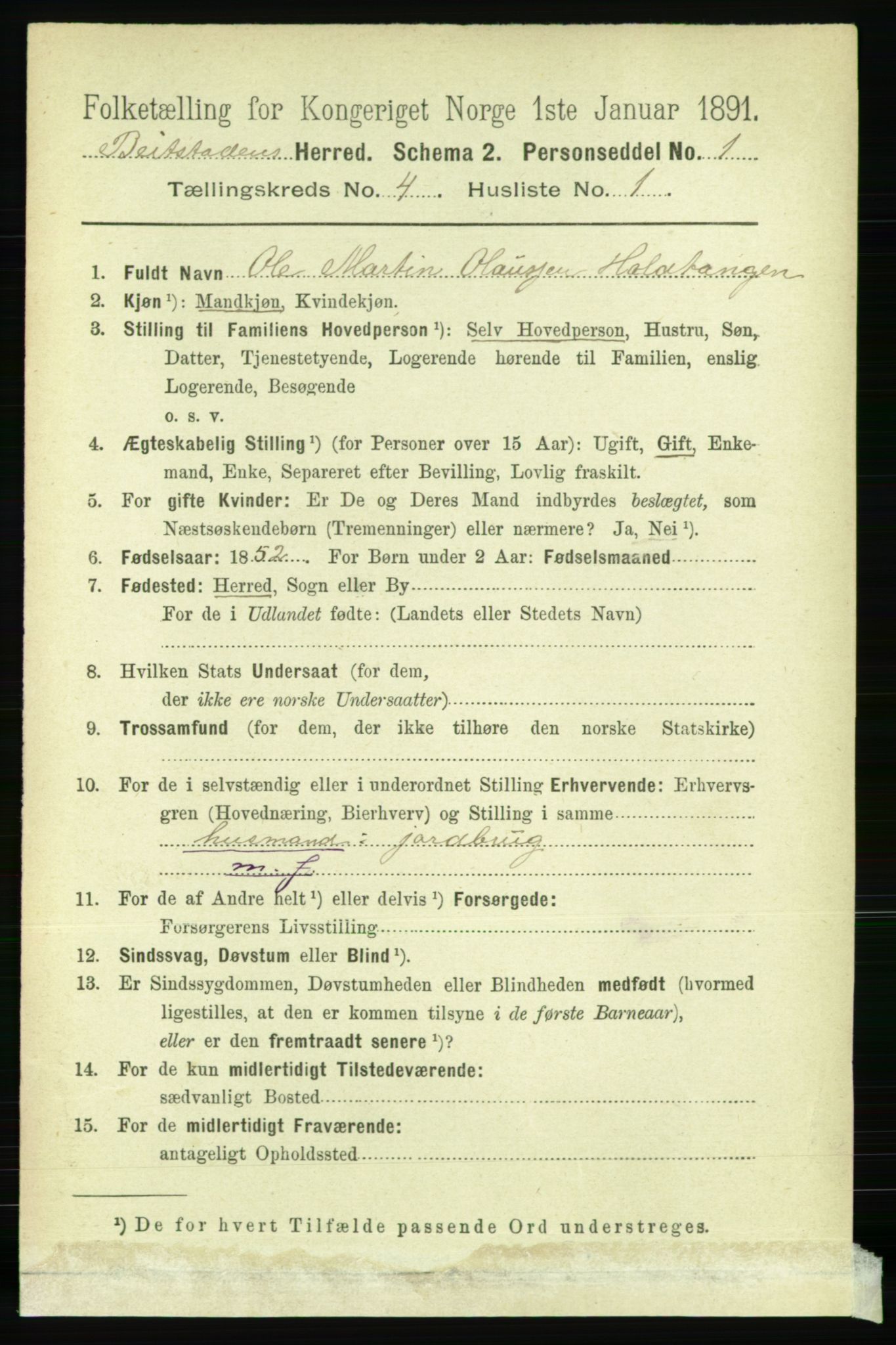 RA, 1891 census for 1727 Beitstad, 1891, p. 1001