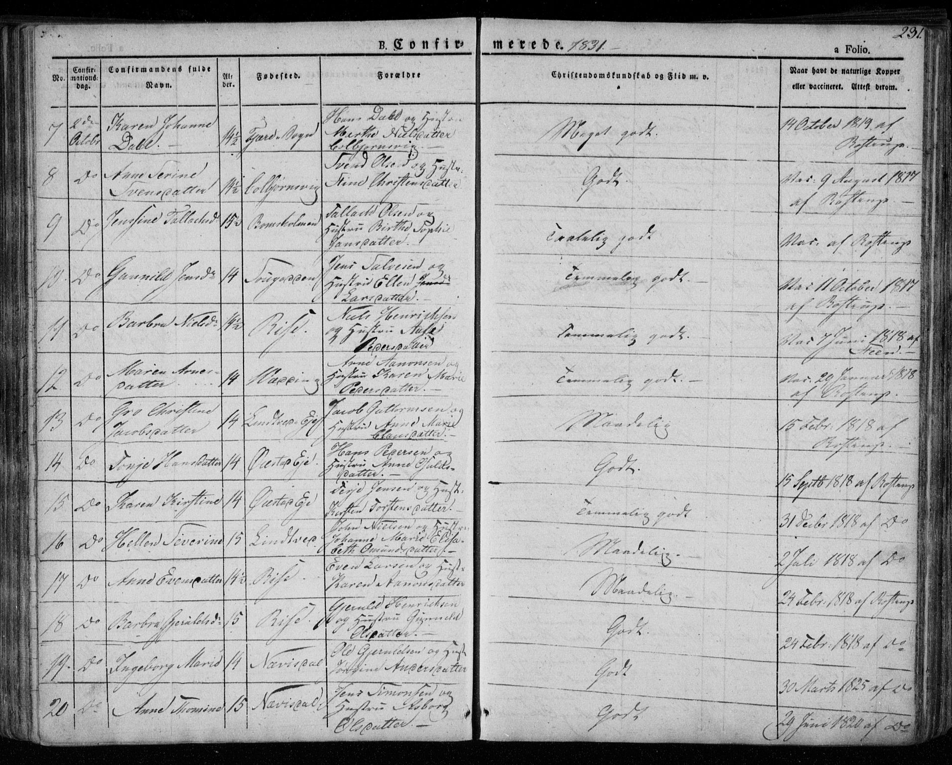 Øyestad sokneprestkontor, AV/SAK-1111-0049/F/Fa/L0013: Parish register (official) no. A 13, 1827-1842, p. 231