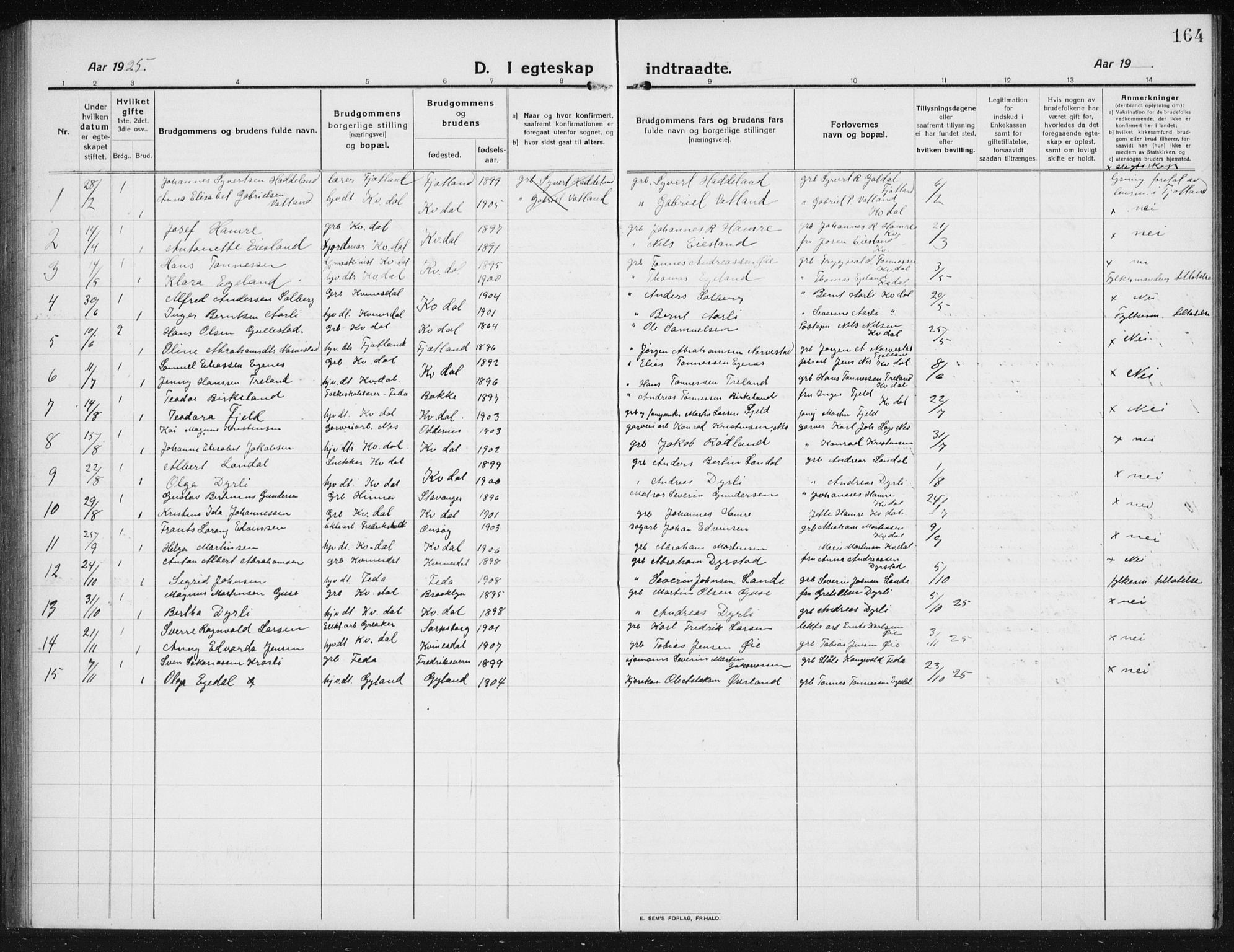 Kvinesdal sokneprestkontor, AV/SAK-1111-0026/F/Fb/Fbb/L0004: Parish register (copy) no. B 4, 1917-1938, p. 164