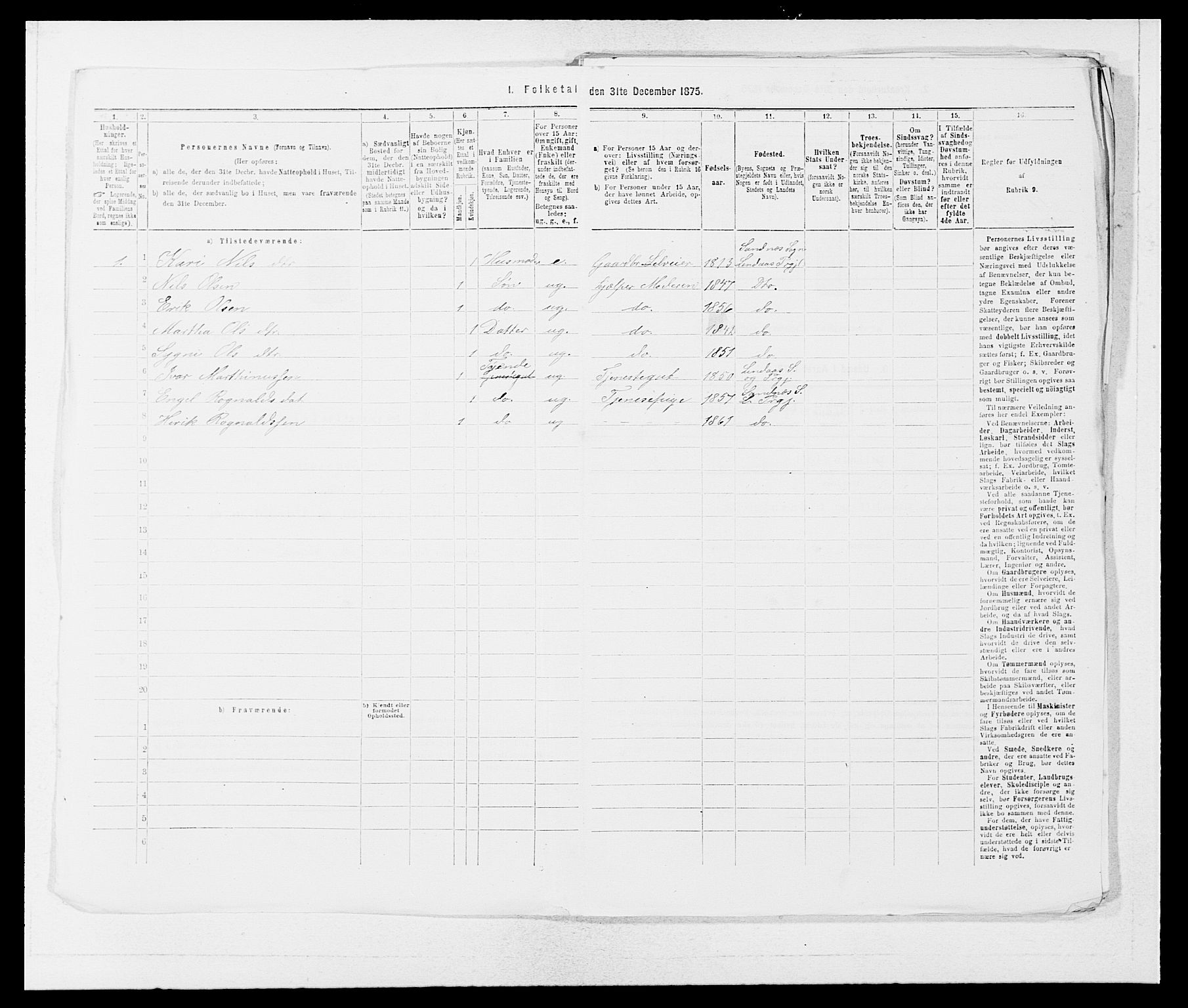 SAB, 1875 census for 1263P Lindås, 1875, p. 291