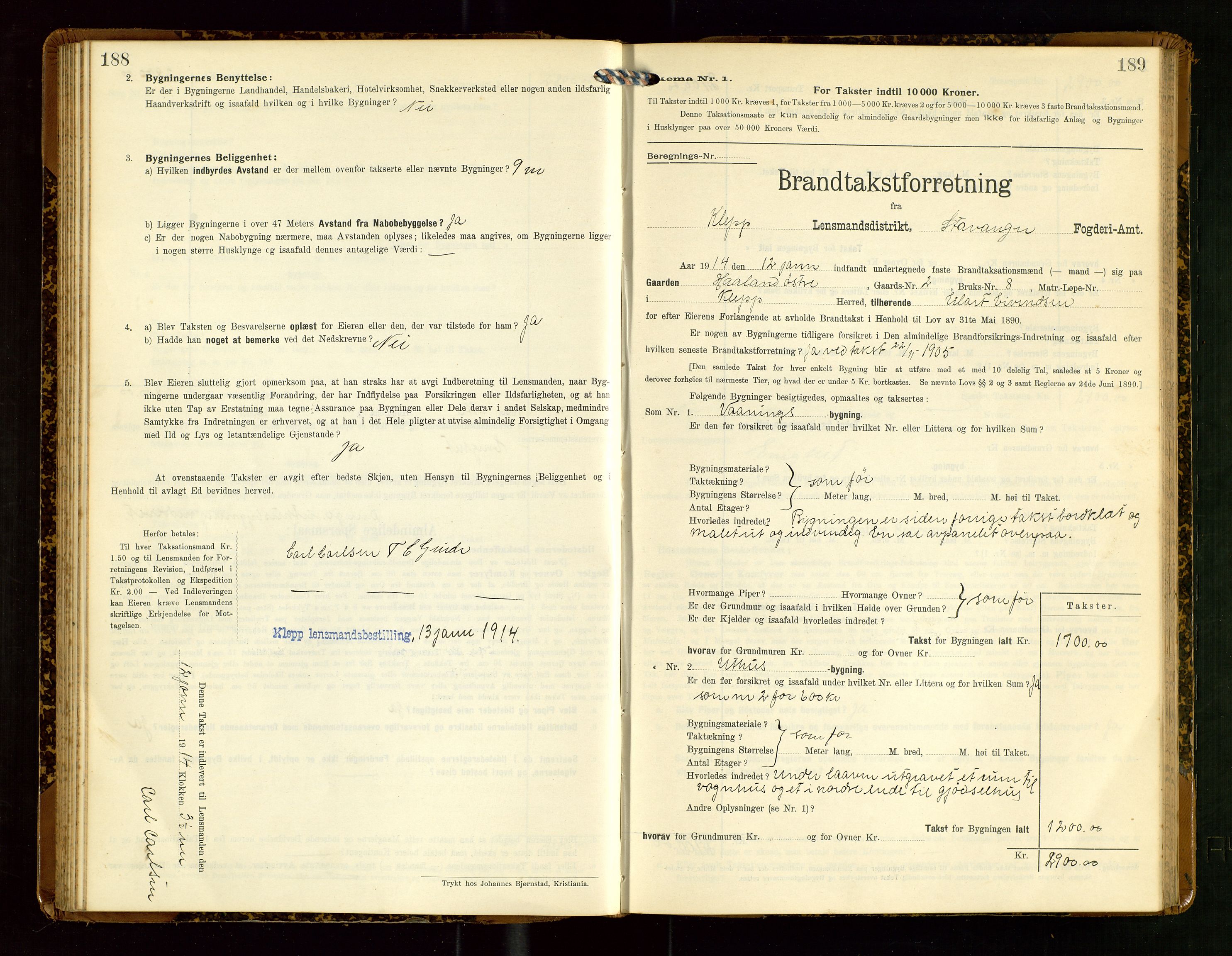 Klepp lensmannskontor, SAST/A-100163/Goc/L0007: "Brandtaxationsprotokol" m/register, 1911-1915, p. 188-189