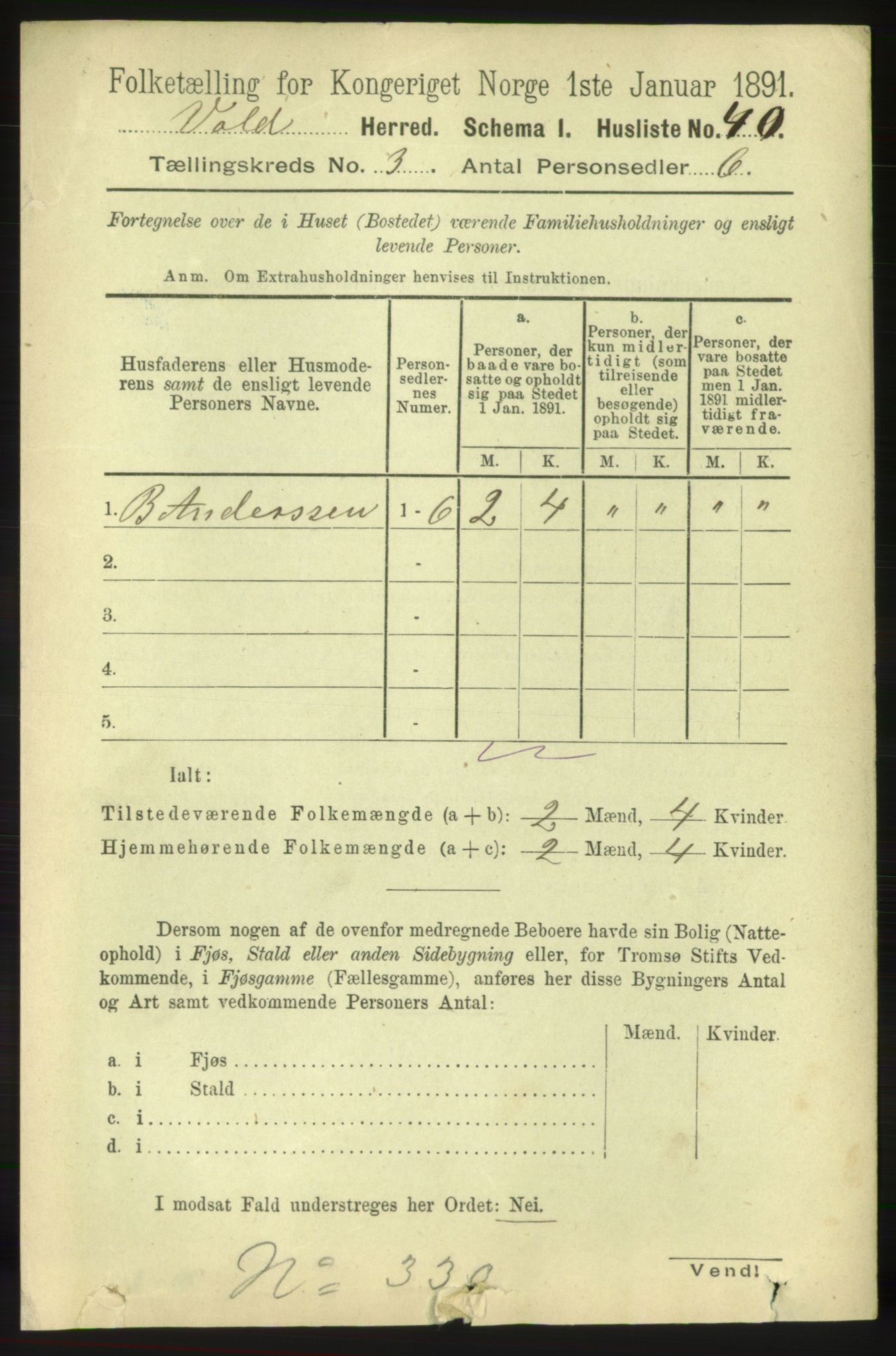 RA, 1891 census for 1537 Voll, 1891, p. 952