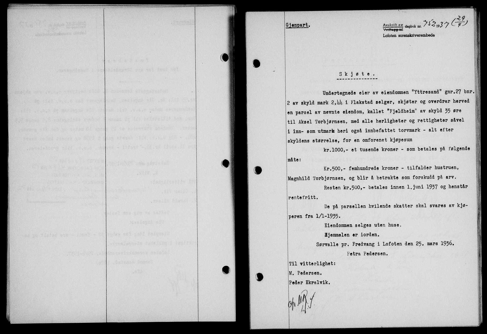 Lofoten sorenskriveri, SAT/A-0017/1/2/2C/L0002a: Mortgage book no. 2a, 1937-1937, Diary no: : 752/1937