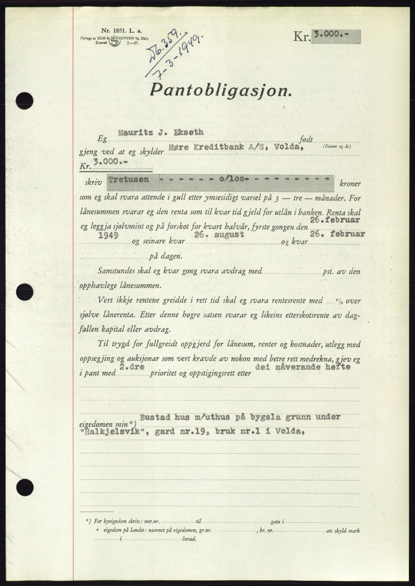 Søre Sunnmøre sorenskriveri, AV/SAT-A-4122/1/2/2C/L0116: Mortgage book no. 4B, 1948-1949, Diary no: : 359/1949