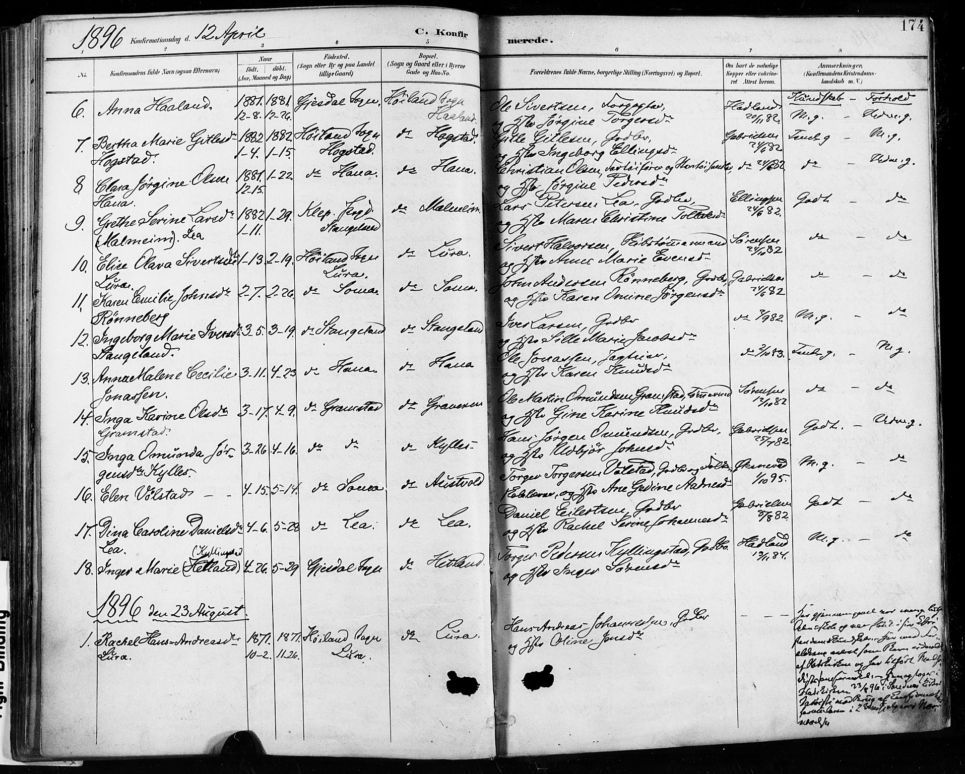 Høyland sokneprestkontor, SAST/A-101799/001/30BA/L0013: Parish register (official) no. A 13.1, 1889-1898, p. 174