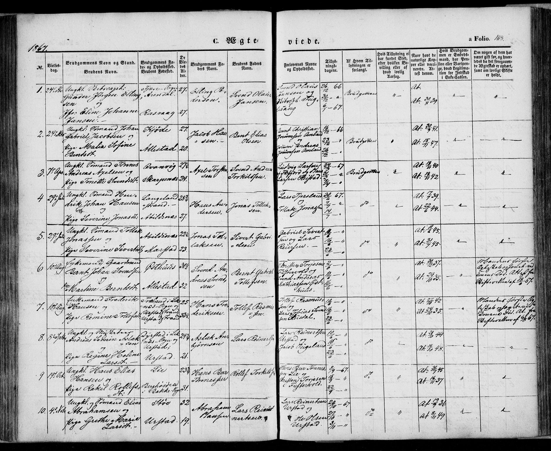 Flekkefjord sokneprestkontor, AV/SAK-1111-0012/F/Fa/Fab/L0004: Parish register (official) no. A 4, 1850-1875, p. 168