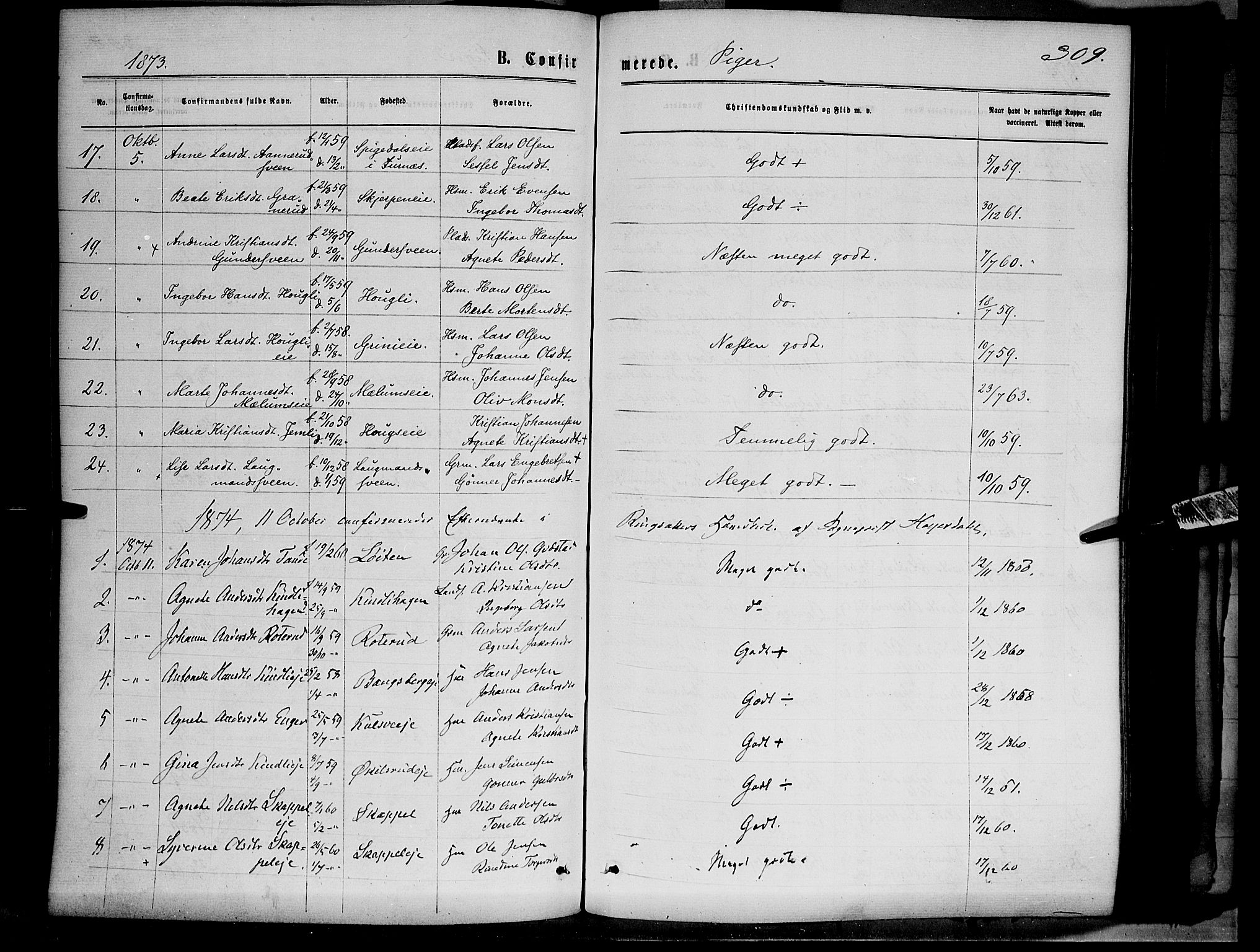 Ringsaker prestekontor, AV/SAH-PREST-014/K/Ka/L0011: Parish register (official) no. 11, 1870-1878, p. 309