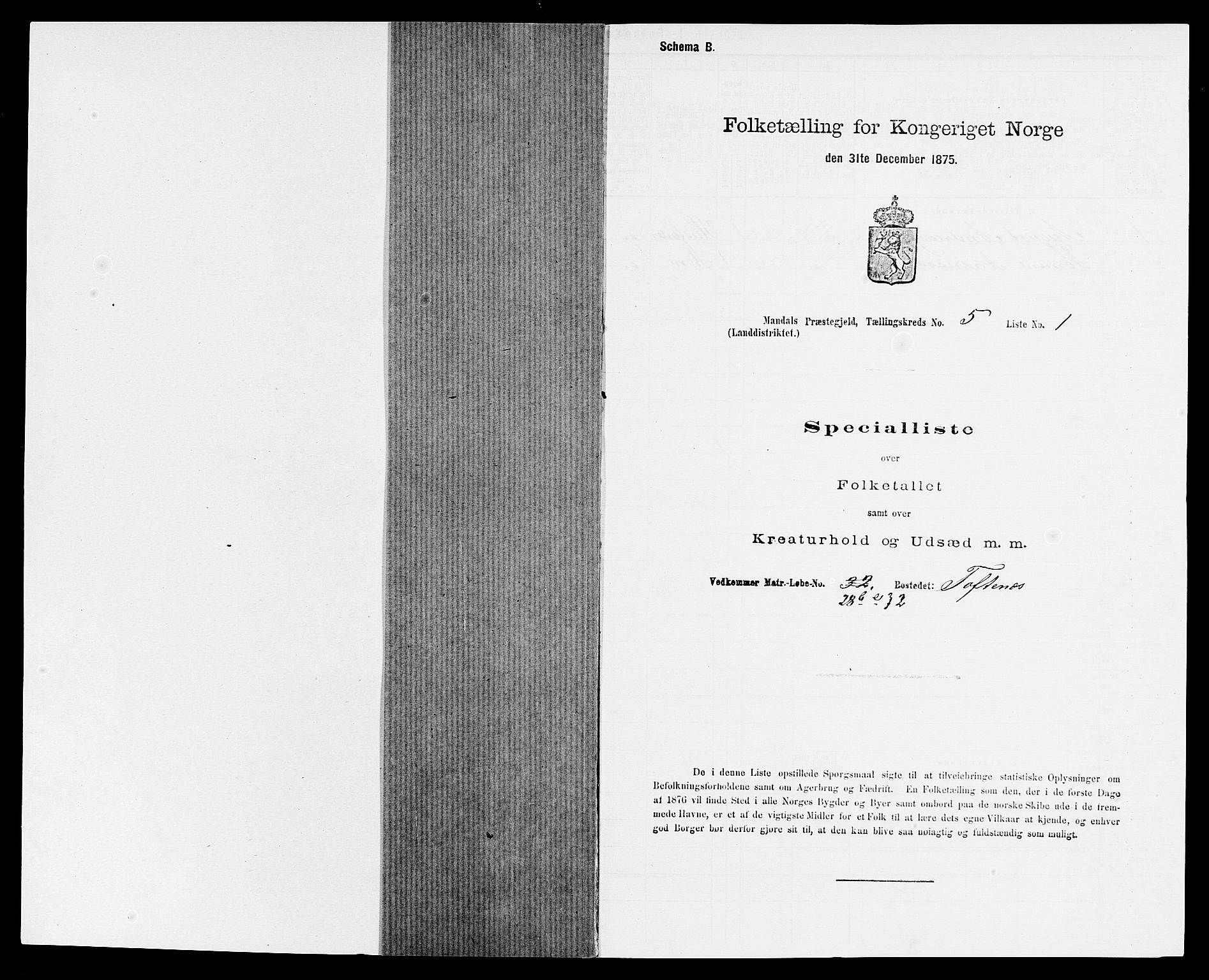 SAK, 1875 census for 1019L Mandal/Halse og Harkmark, 1875, p. 730