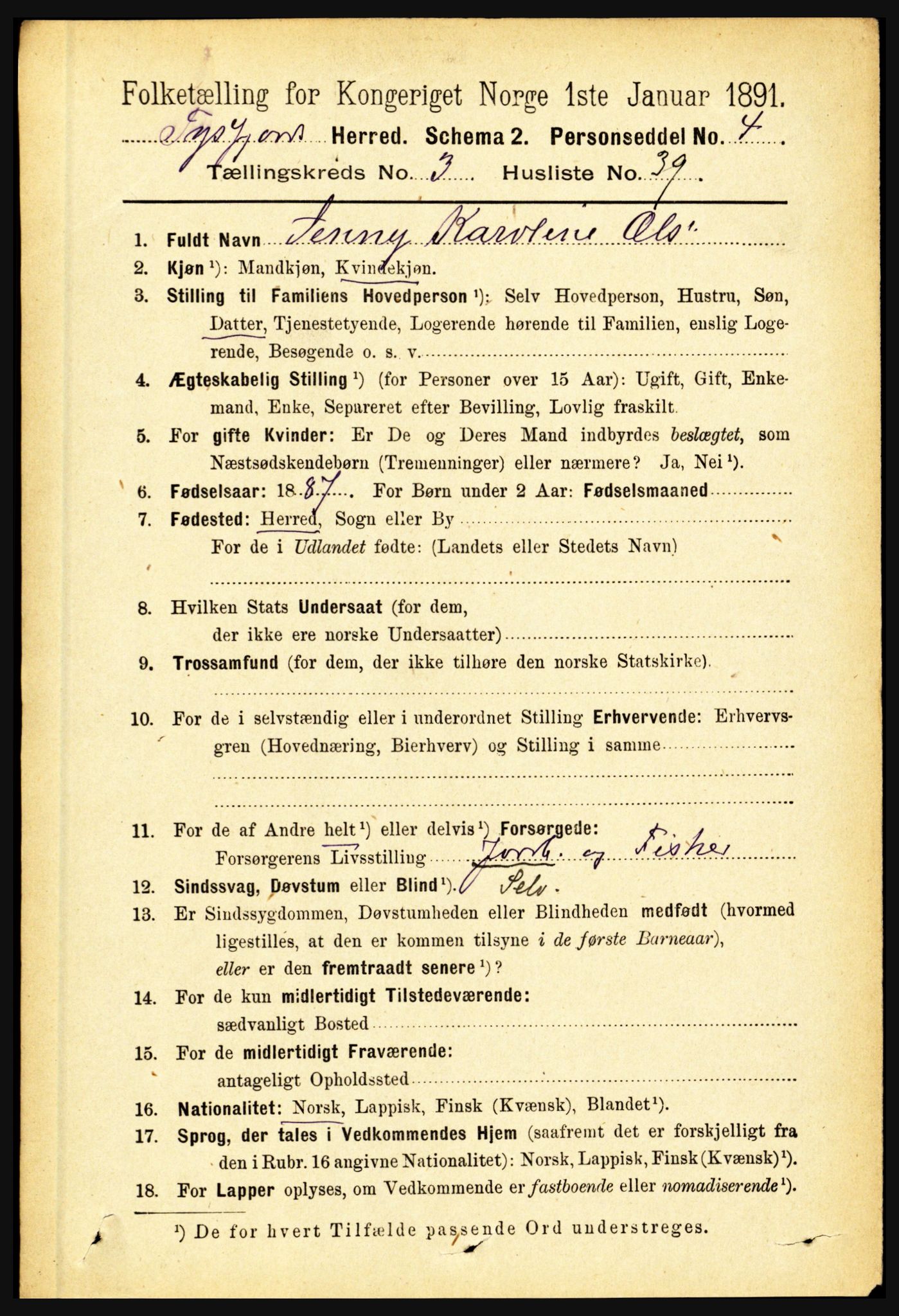 RA, 1891 census for 1850 Tysfjord, 1891, p. 1331