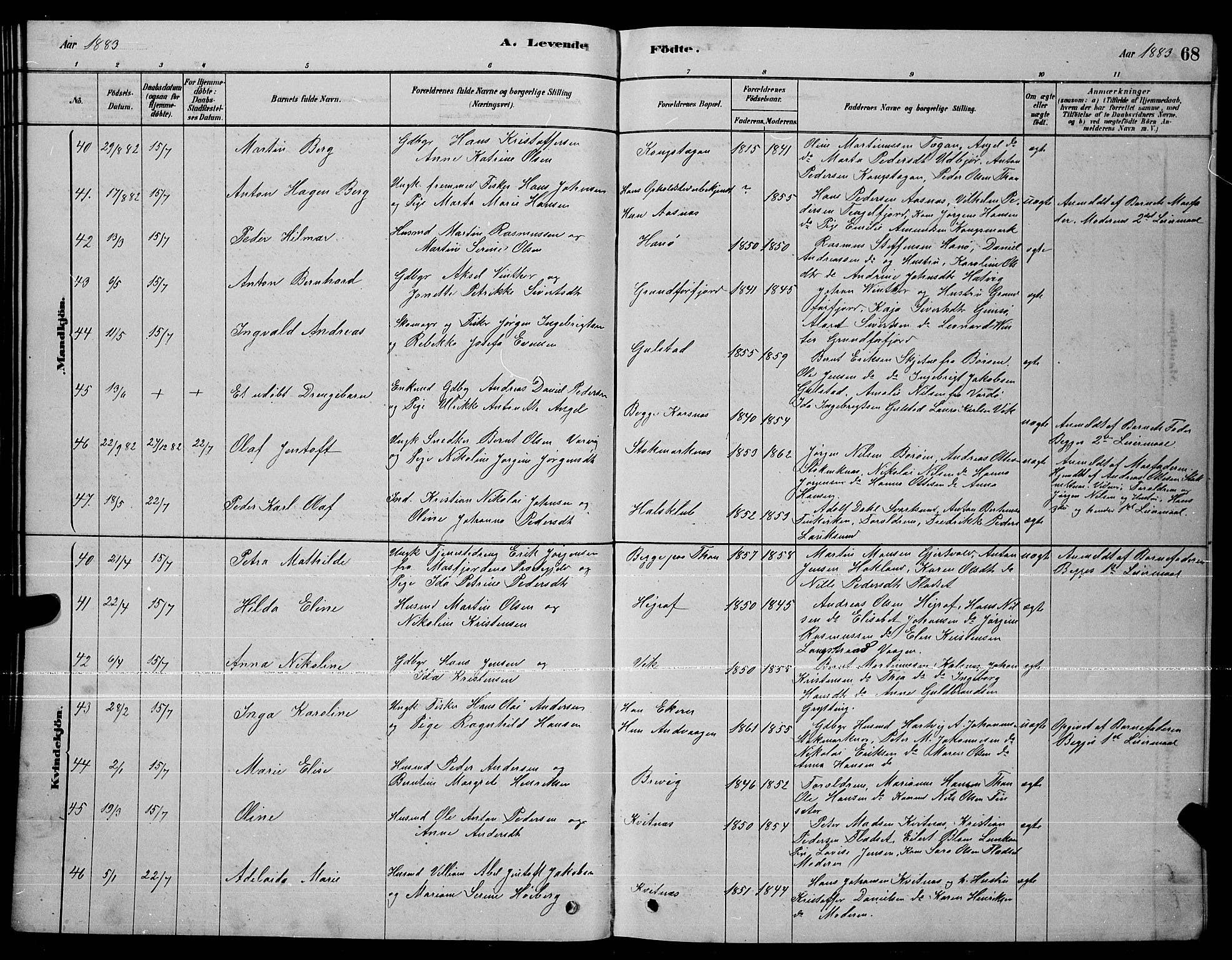 Ministerialprotokoller, klokkerbøker og fødselsregistre - Nordland, AV/SAT-A-1459/888/L1267: Parish register (copy) no. 888C05, 1878-1890, p. 68