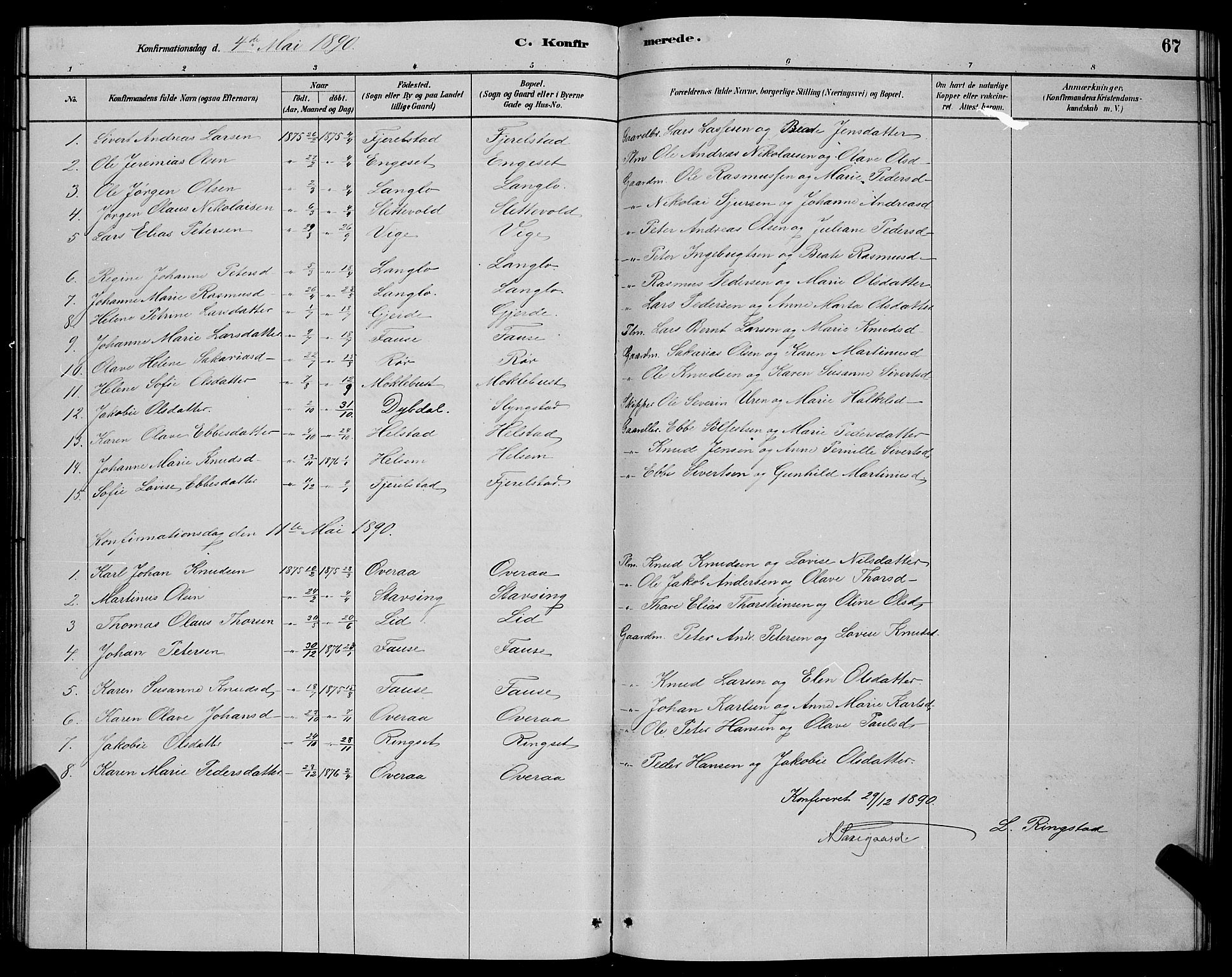 Ministerialprotokoller, klokkerbøker og fødselsregistre - Møre og Romsdal, SAT/A-1454/520/L0292: Parish register (copy) no. 520C04, 1882-1901, p. 67