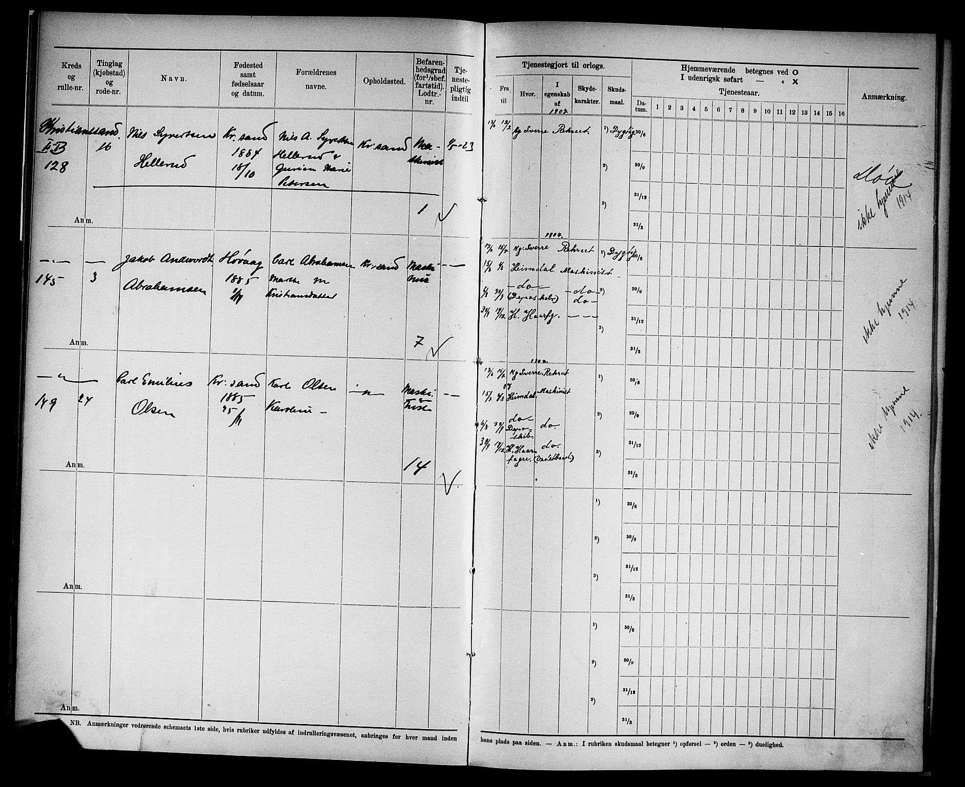 Kristiansand mønstringskrets, AV/SAK-2031-0015/F/Fd/L0009: Rulle sjøvernepliktige, C-9, 1907, p. 11