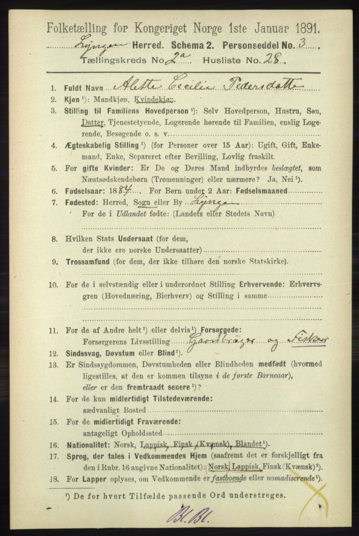 RA, 1891 census for 1938 Lyngen, 1891, p. 2185