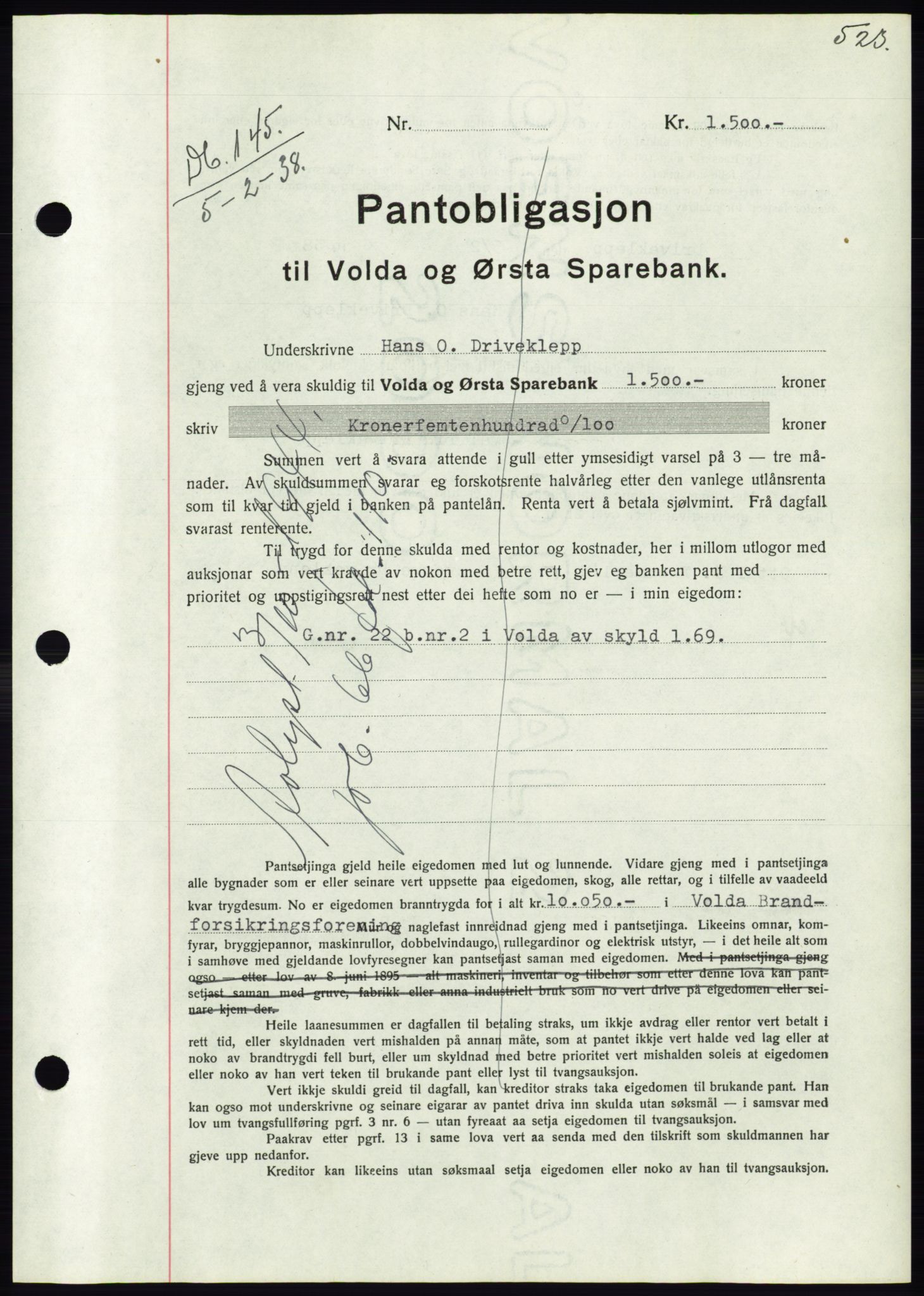 Søre Sunnmøre sorenskriveri, AV/SAT-A-4122/1/2/2C/L0064: Mortgage book no. 58, 1937-1938, Diary no: : 145/1938