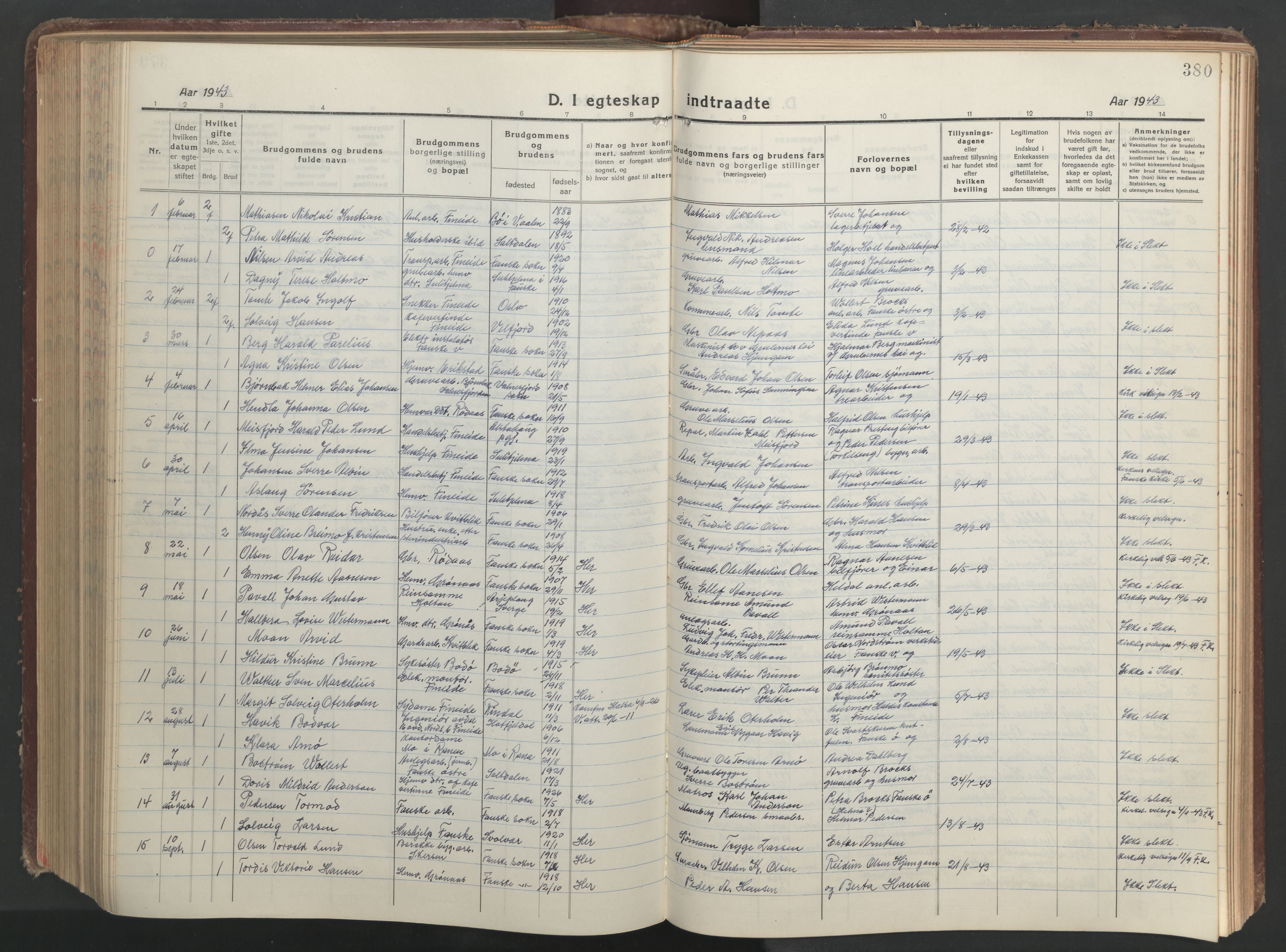 Ministerialprotokoller, klokkerbøker og fødselsregistre - Nordland, AV/SAT-A-1459/849/L0700: Parish register (copy) no. 849C01, 1919-1946, p. 380