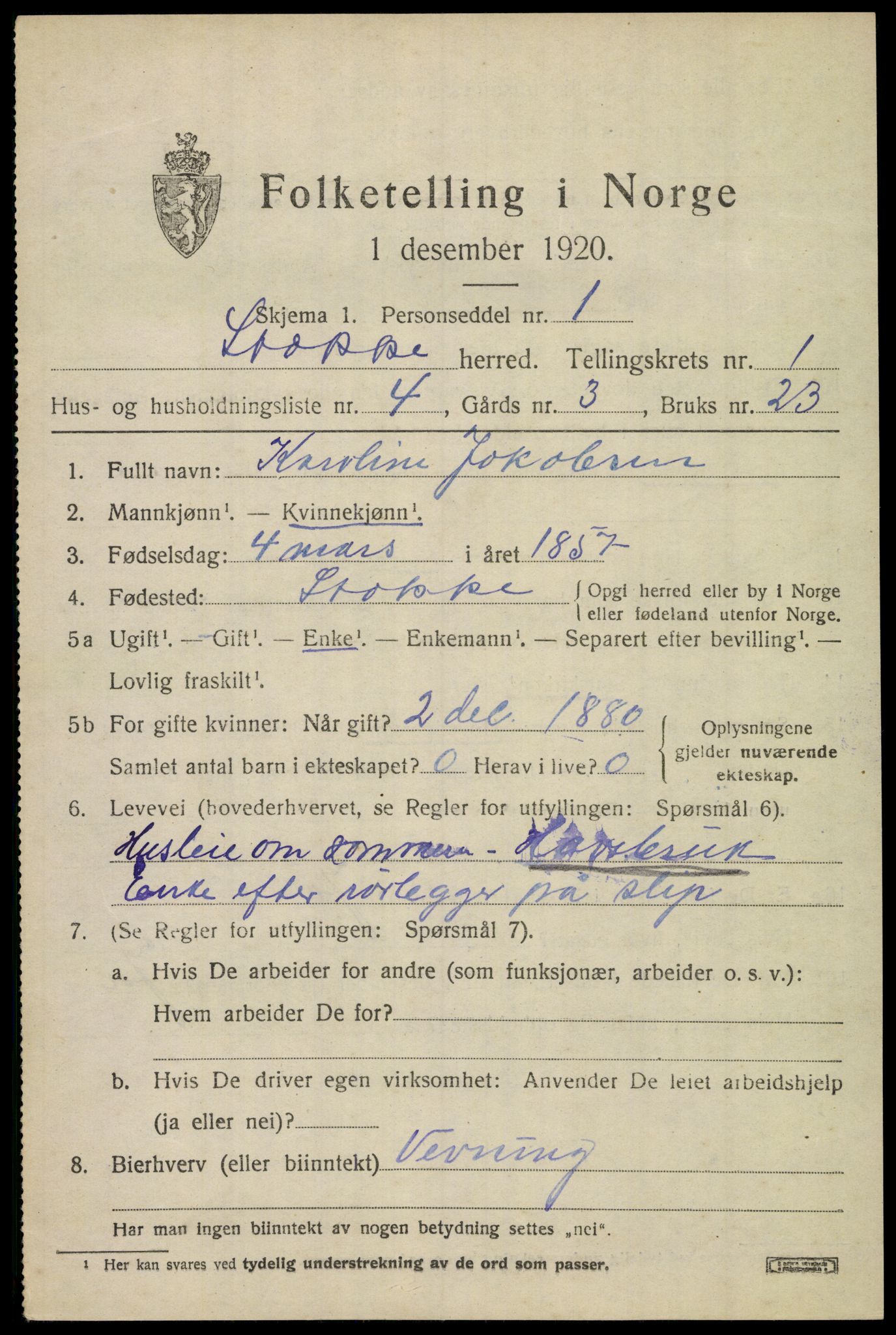 SAKO, 1920 census for Stokke, 1920, p. 2070