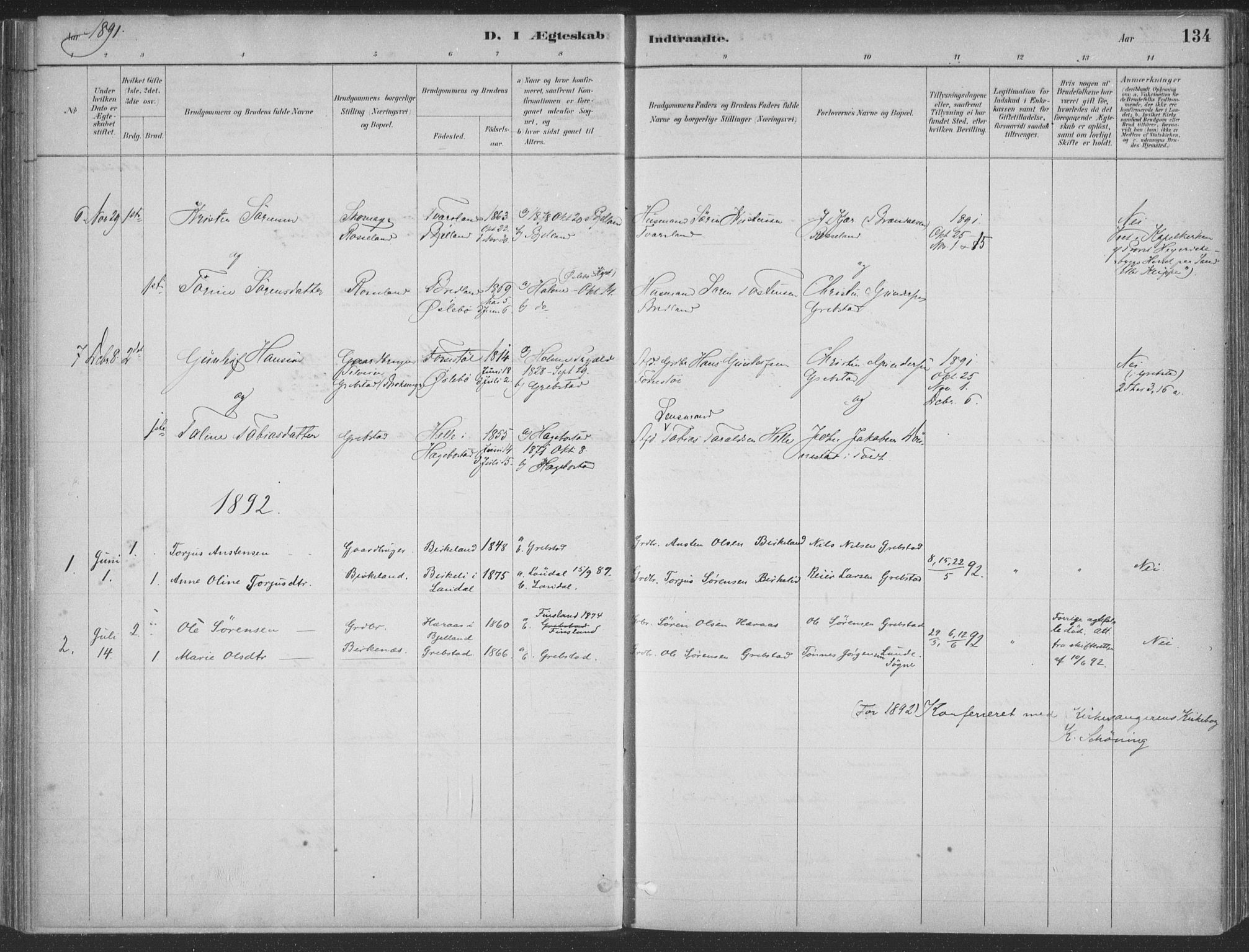 Søgne sokneprestkontor, SAK/1111-0037/F/Fa/Faa/L0003: Parish register (official) no. A 3, 1883-1910, p. 134