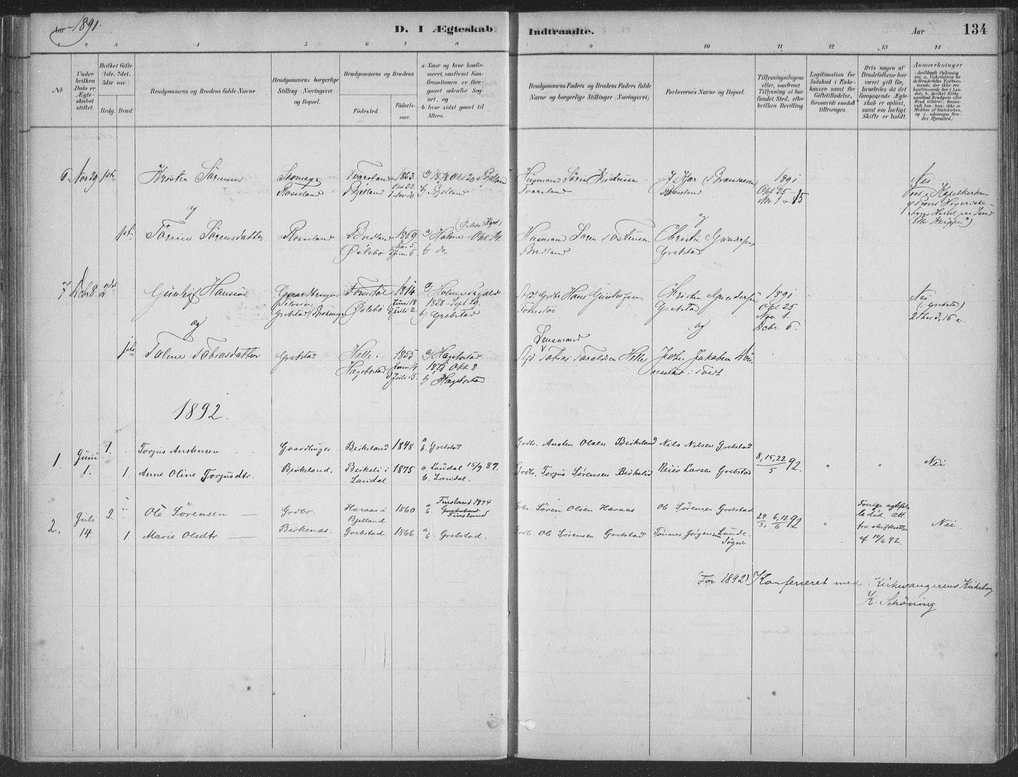 Søgne sokneprestkontor, AV/SAK-1111-0037/F/Fa/Faa/L0003: Parish register (official) no. A 3, 1883-1910, p. 134