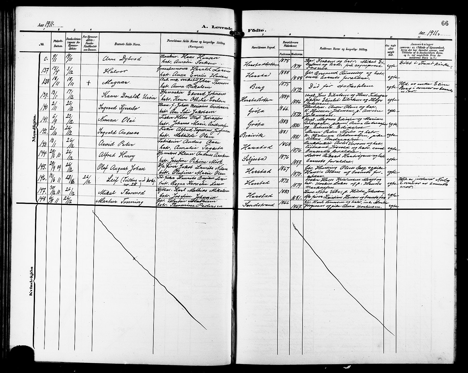 Trondenes sokneprestkontor, AV/SATØ-S-1319/H/Hb/L0012klokker: Parish register (copy) no. 12, 1907-1916, p. 66