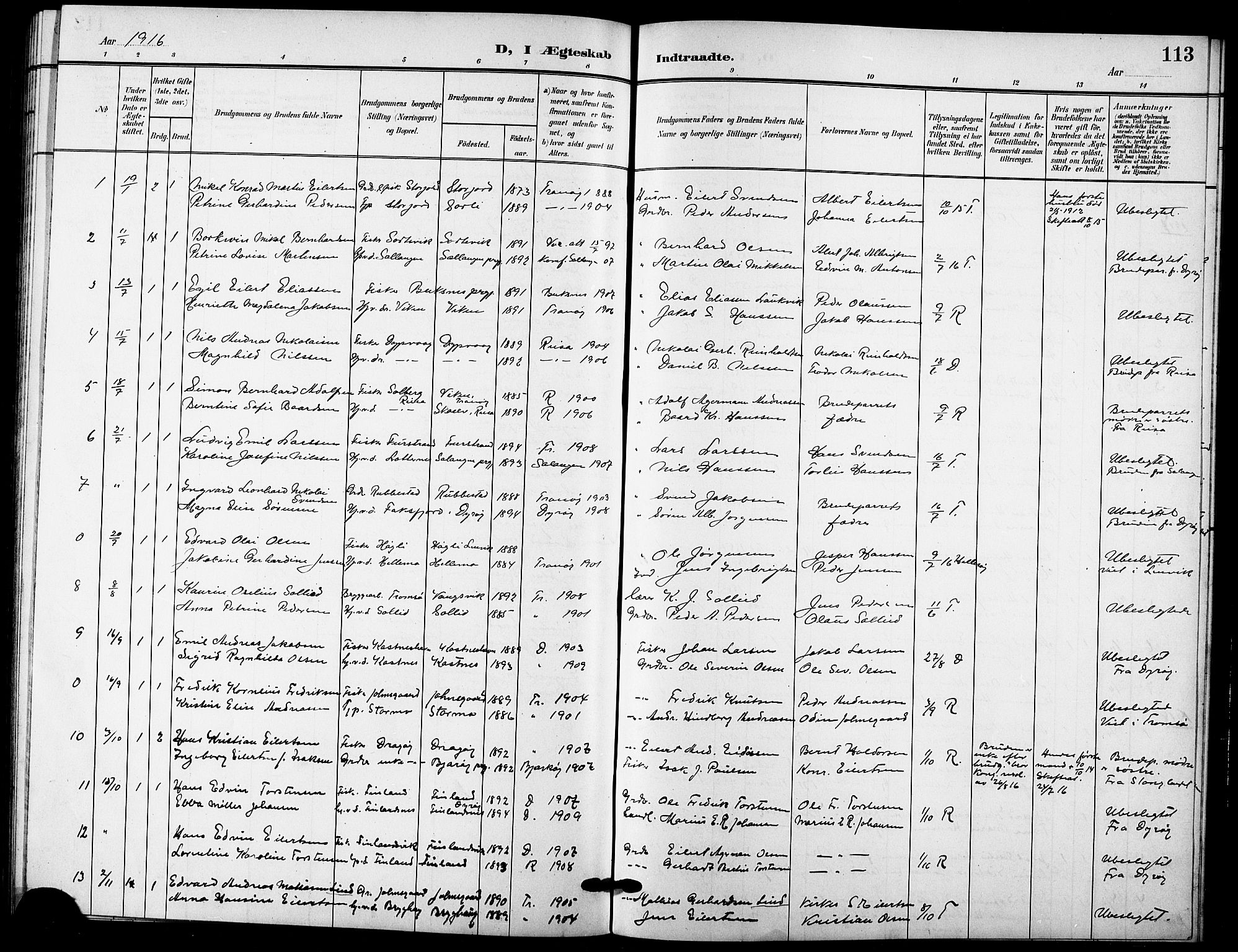 Tranøy sokneprestkontor, SATØ/S-1313/I/Ia/Iab/L0005klokker: Parish register (copy) no. 5, 1902-1919, p. 113
