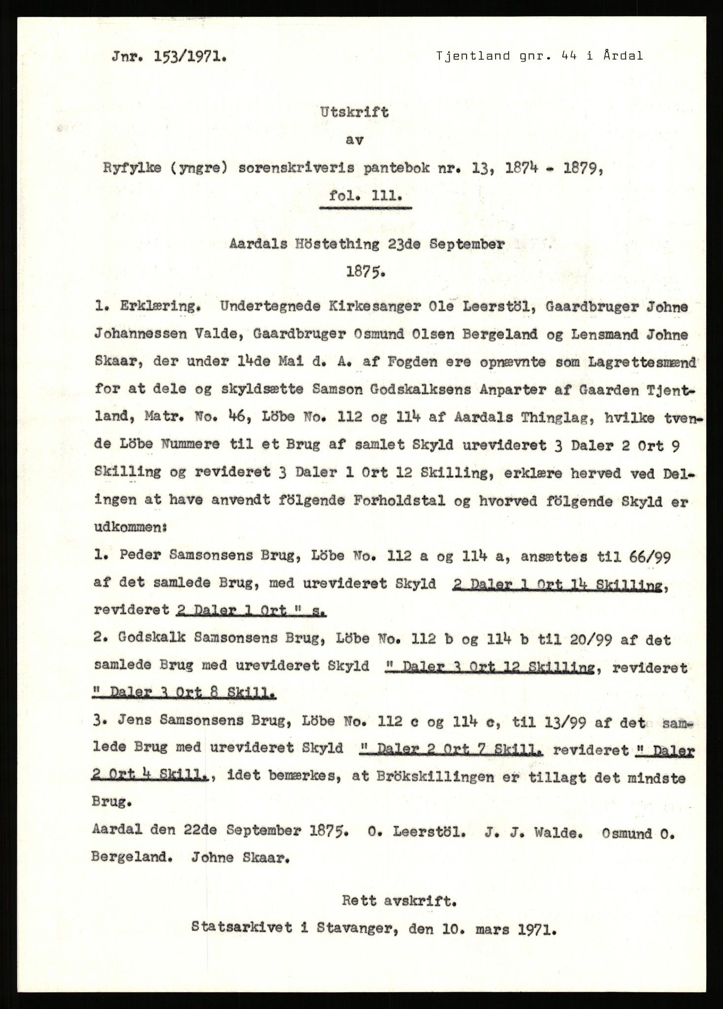 Statsarkivet i Stavanger, SAST/A-101971/03/Y/Yj/L0087: Avskrifter sortert etter gårdsnavn: Tjemsland nordre - Todhammer, 1750-1930, p. 111