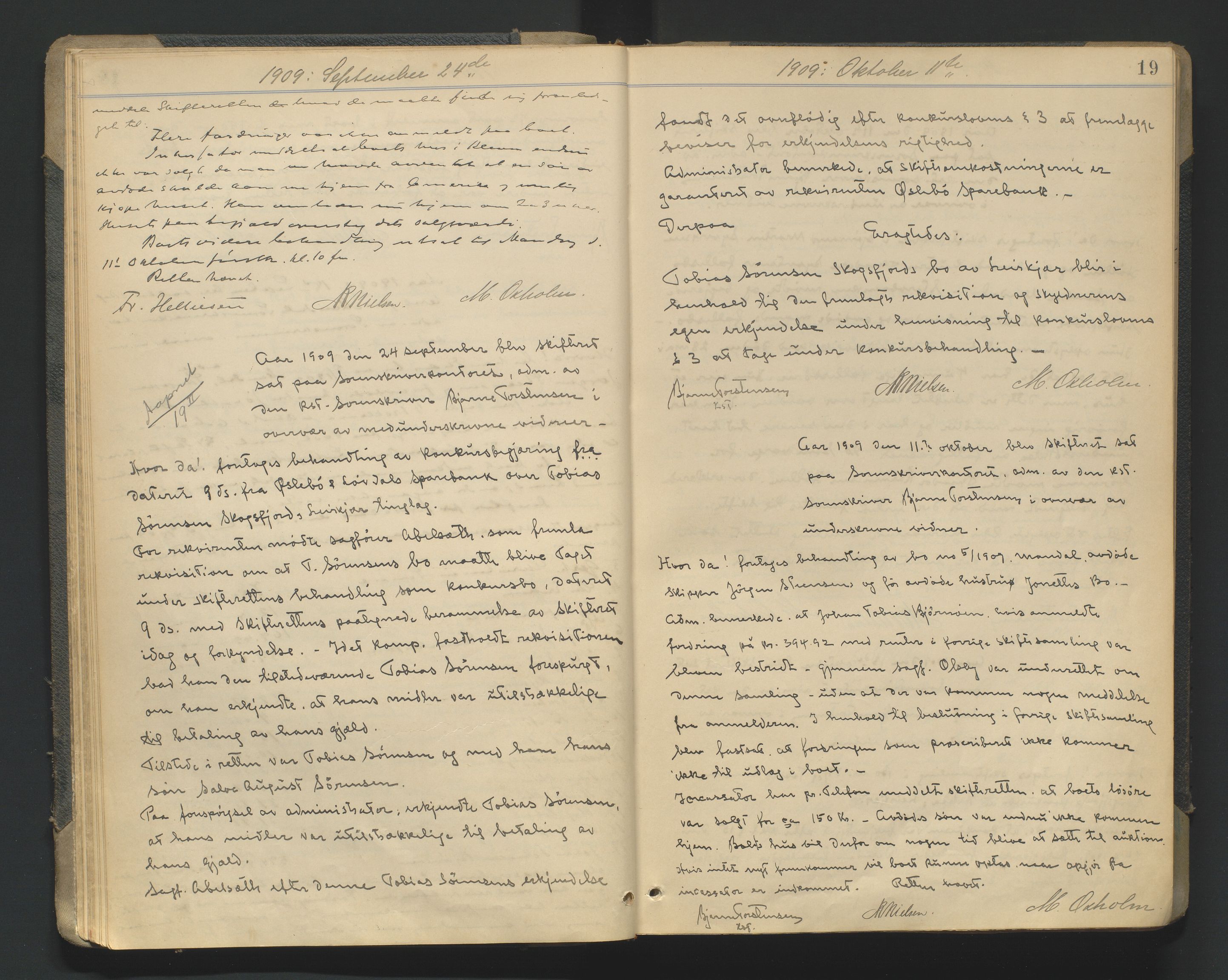 Mandal sorenskriveri, AV/SAK-1221-0005/001/H/Hc/L0081: Skifteforhandlingsprotokoll nr 13, 1909-1913, p. 19