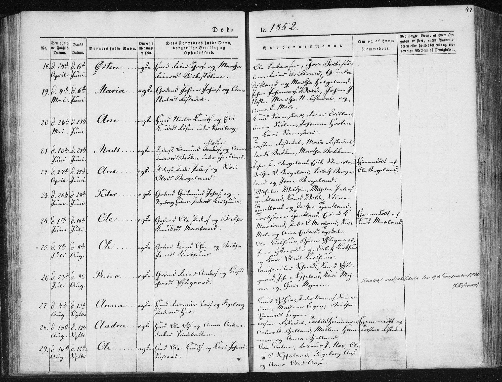 Hjelmeland sokneprestkontor, AV/SAST-A-101843/01/IV/L0008: Parish register (official) no. A 8, 1842-1861, p. 47