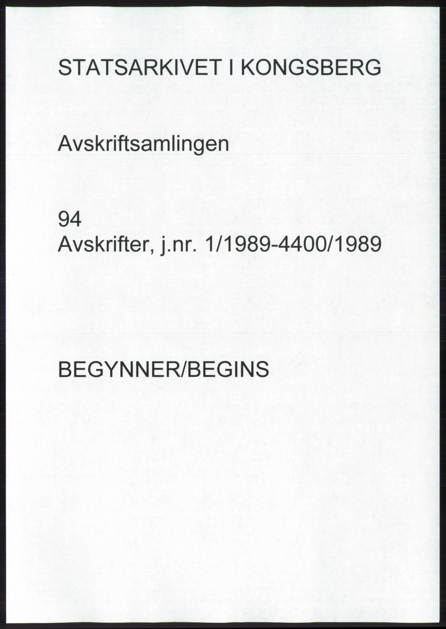 Statsarkivet i Kongsberg, SAKO/A-0001, 1989, p. 1