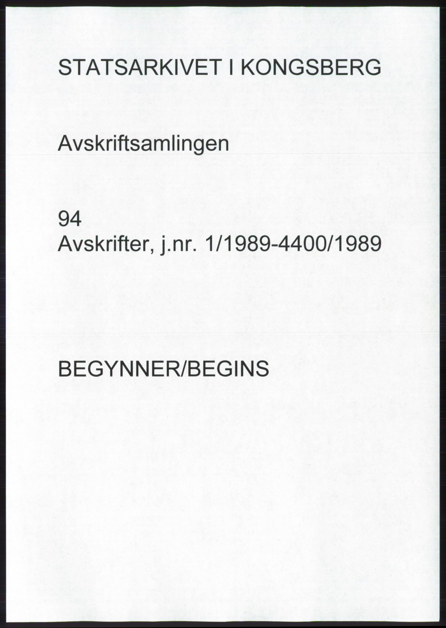 Statsarkivet i Kongsberg, AV/SAKO-A-0001, 1989, p. 1