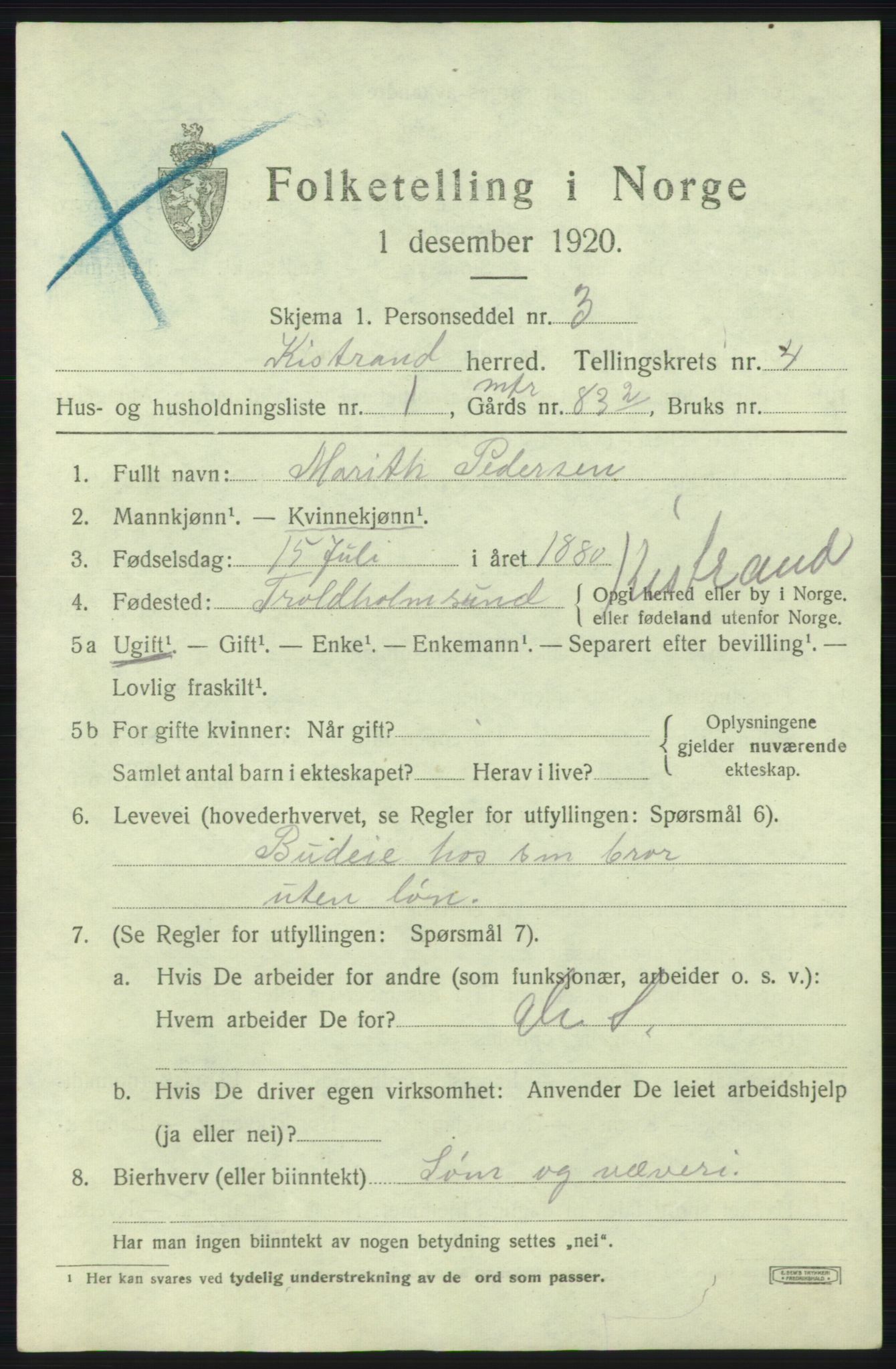 SATØ, 1920 census for Kistrand, 1920, p. 2382