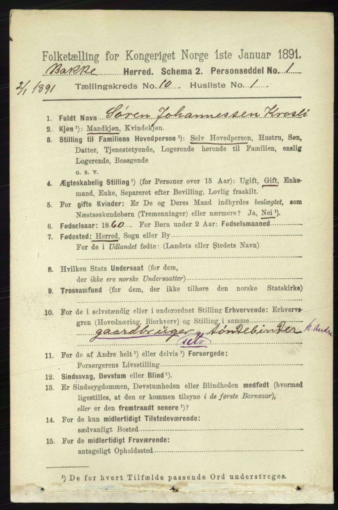 RA, 1891 census for 1045 Bakke, 1891, p. 2002