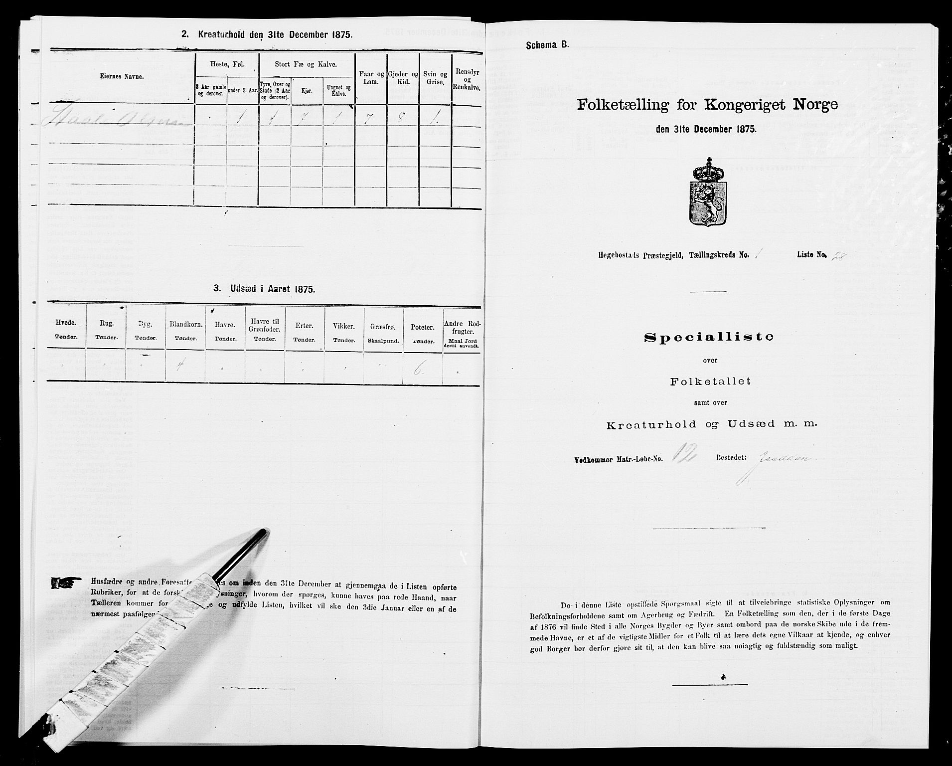 SAK, 1875 census for 1034P Hægebostad, 1875, p. 98