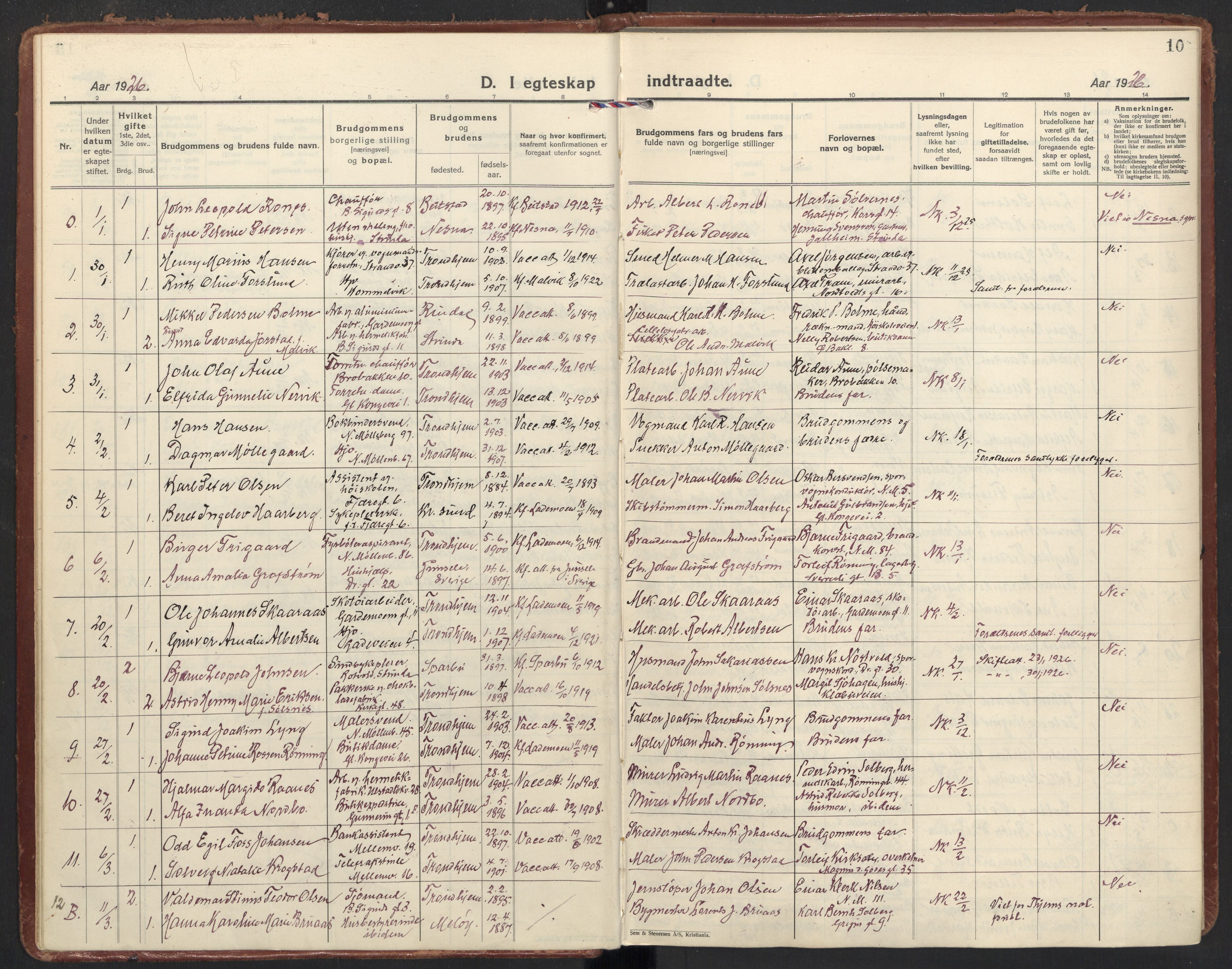 Ministerialprotokoller, klokkerbøker og fødselsregistre - Sør-Trøndelag, AV/SAT-A-1456/605/L0249: Parish register (official) no. 605A11, 1925-1936, p. 10