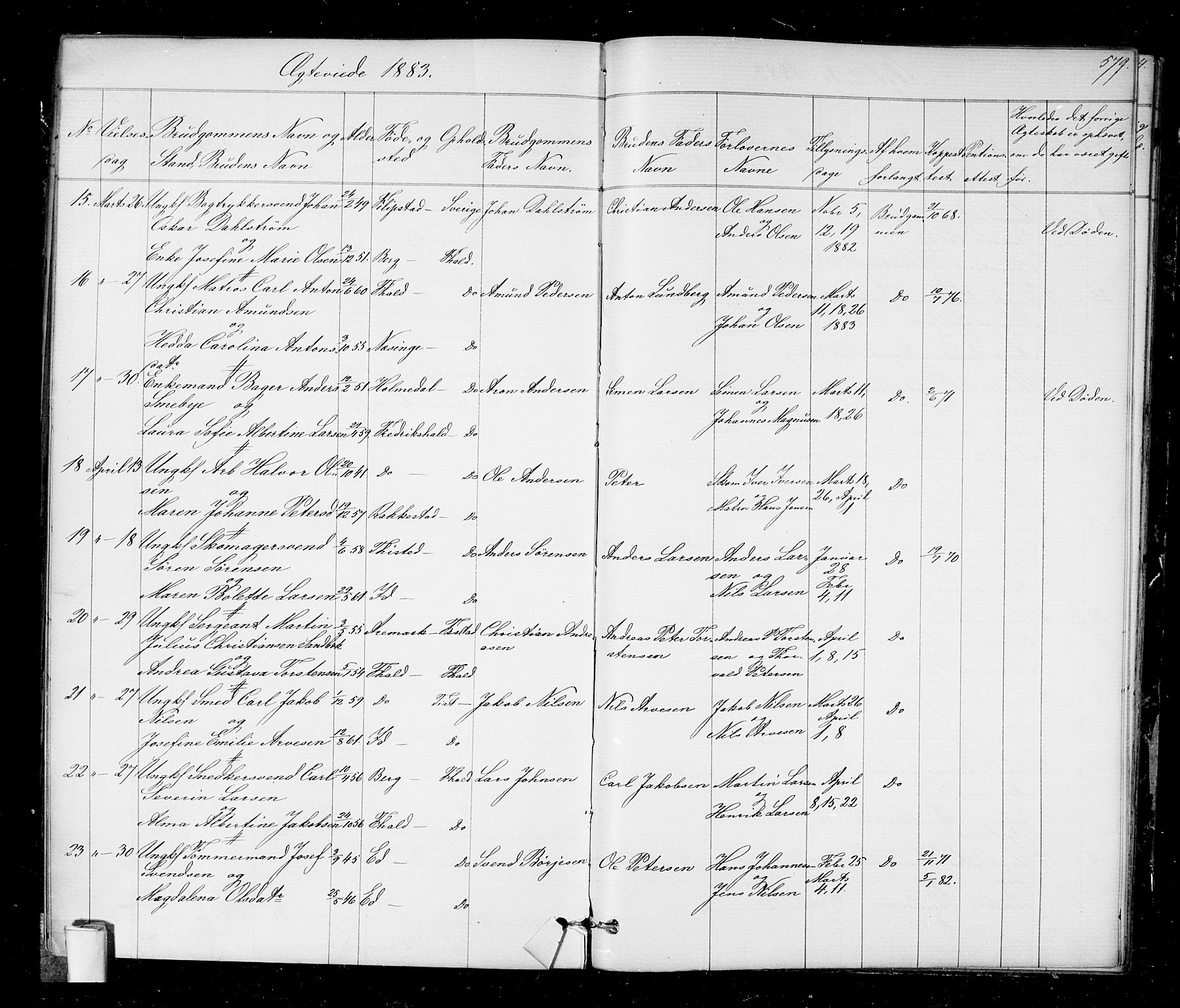 Halden prestekontor Kirkebøker, AV/SAO-A-10909/G/Ga/L0006: Parish register (copy) no. 6, 1869-1884, p. 579