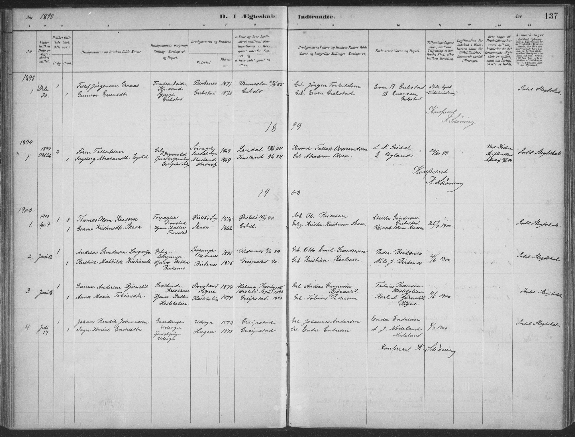 Søgne sokneprestkontor, SAK/1111-0037/F/Fa/Faa/L0003: Parish register (official) no. A 3, 1883-1910, p. 137