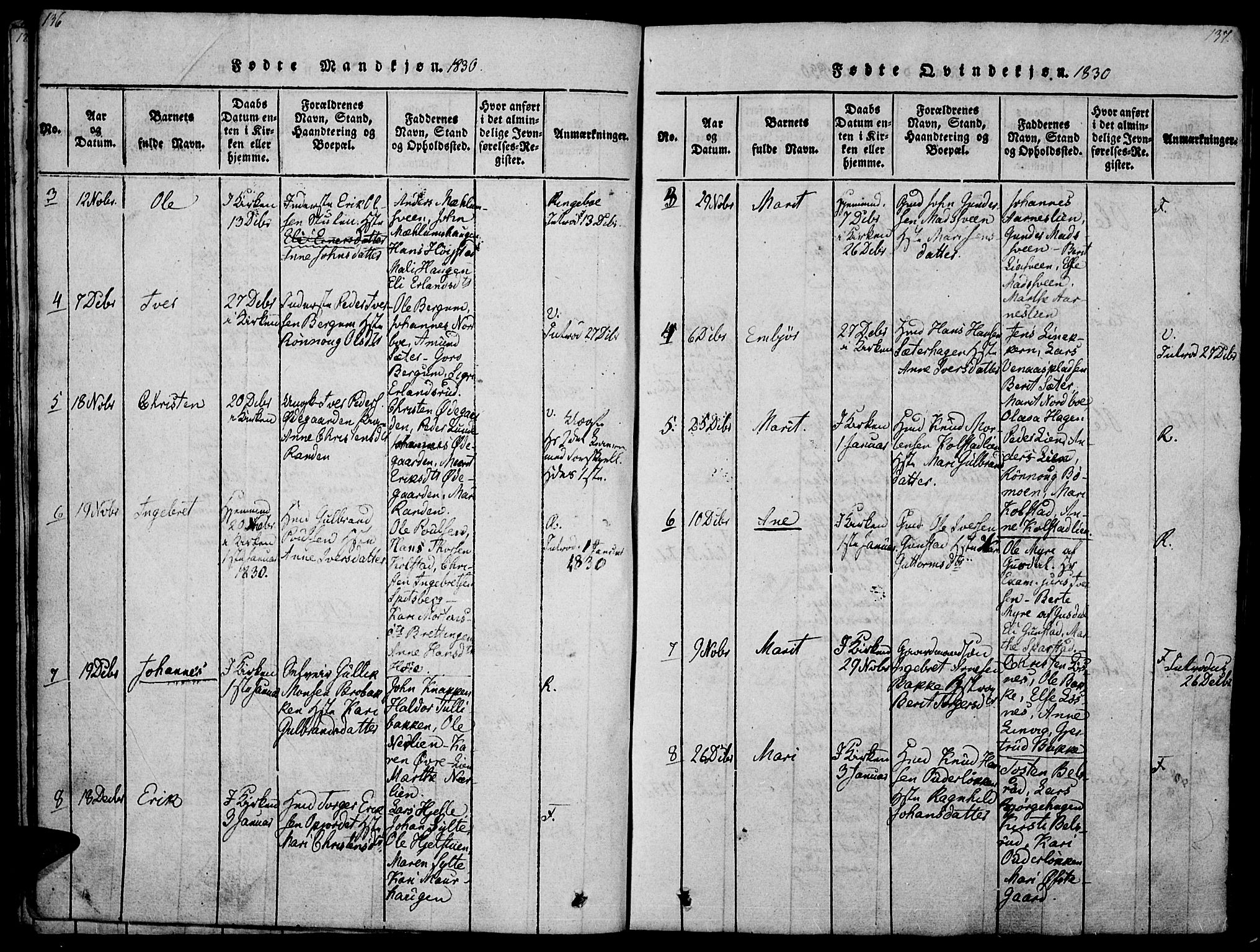 Ringebu prestekontor, SAH/PREST-082/H/Ha/Haa/L0004: Parish register (official) no. 4, 1821-1839, p. 136-137