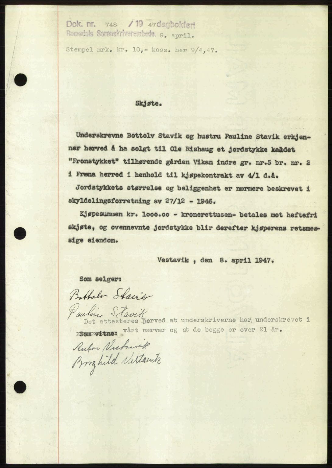 Romsdal sorenskriveri, AV/SAT-A-4149/1/2/2C: Mortgage book no. A22, 1947-1947, Diary no: : 748/1947