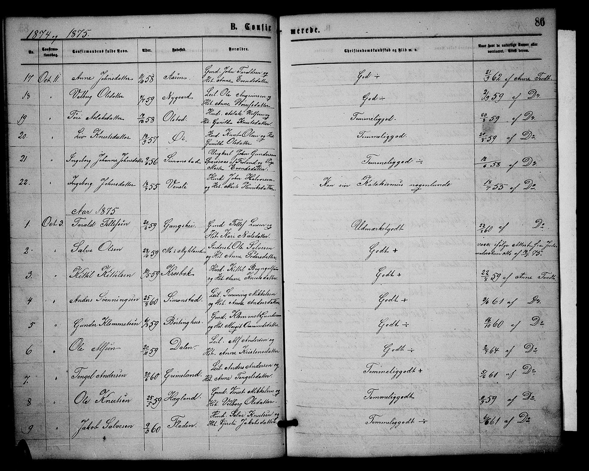 Åmli sokneprestkontor, SAK/1111-0050/F/Fb/Fbc/L0003: Parish register (copy) no. B 3, 1868-1888, p. 86