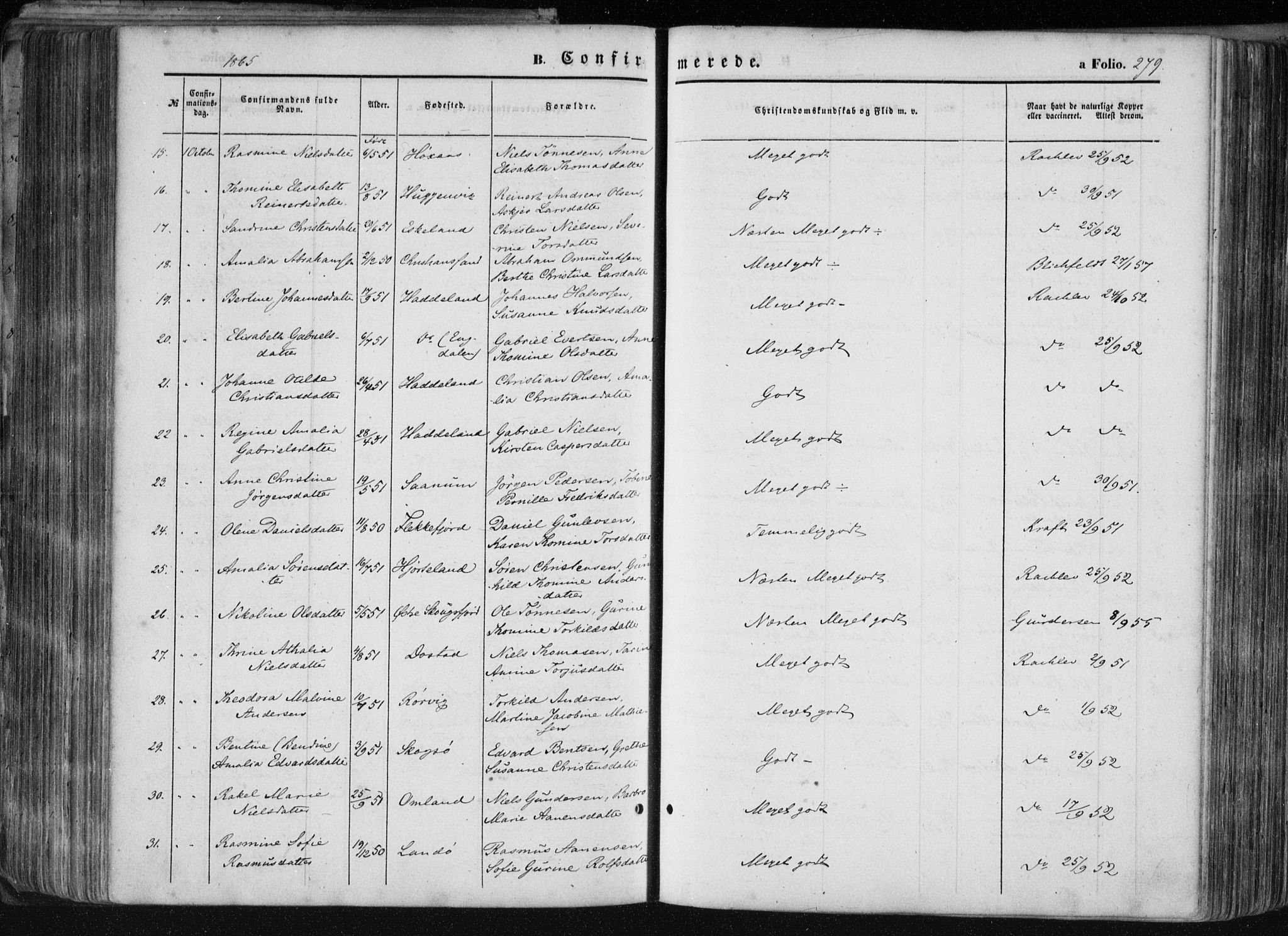 Mandal sokneprestkontor, AV/SAK-1111-0030/F/Fa/Faa/L0014: Parish register (official) no. A 14, 1859-1872, p. 279