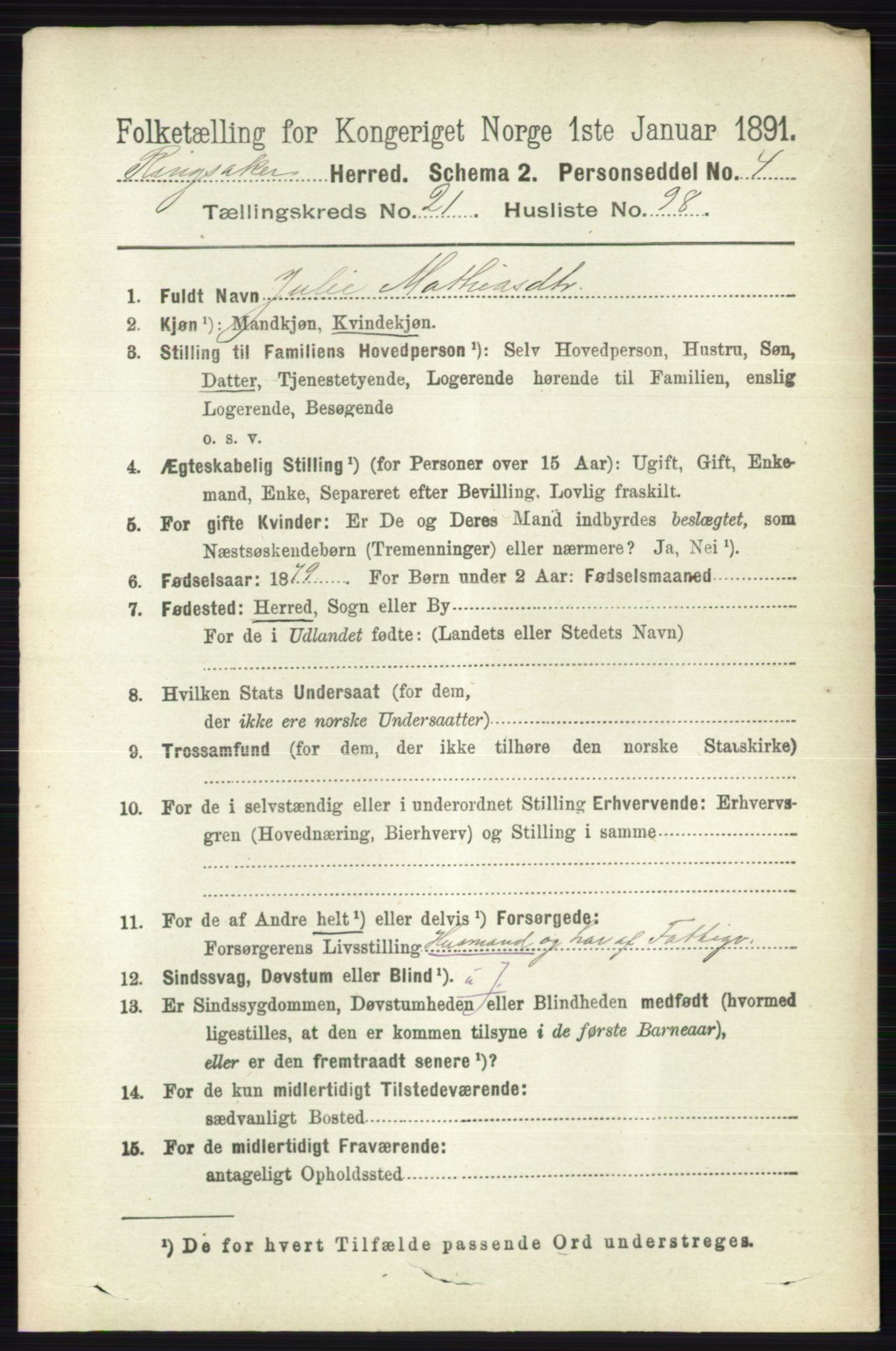 RA, 1891 census for 0412 Ringsaker, 1891, p. 12309