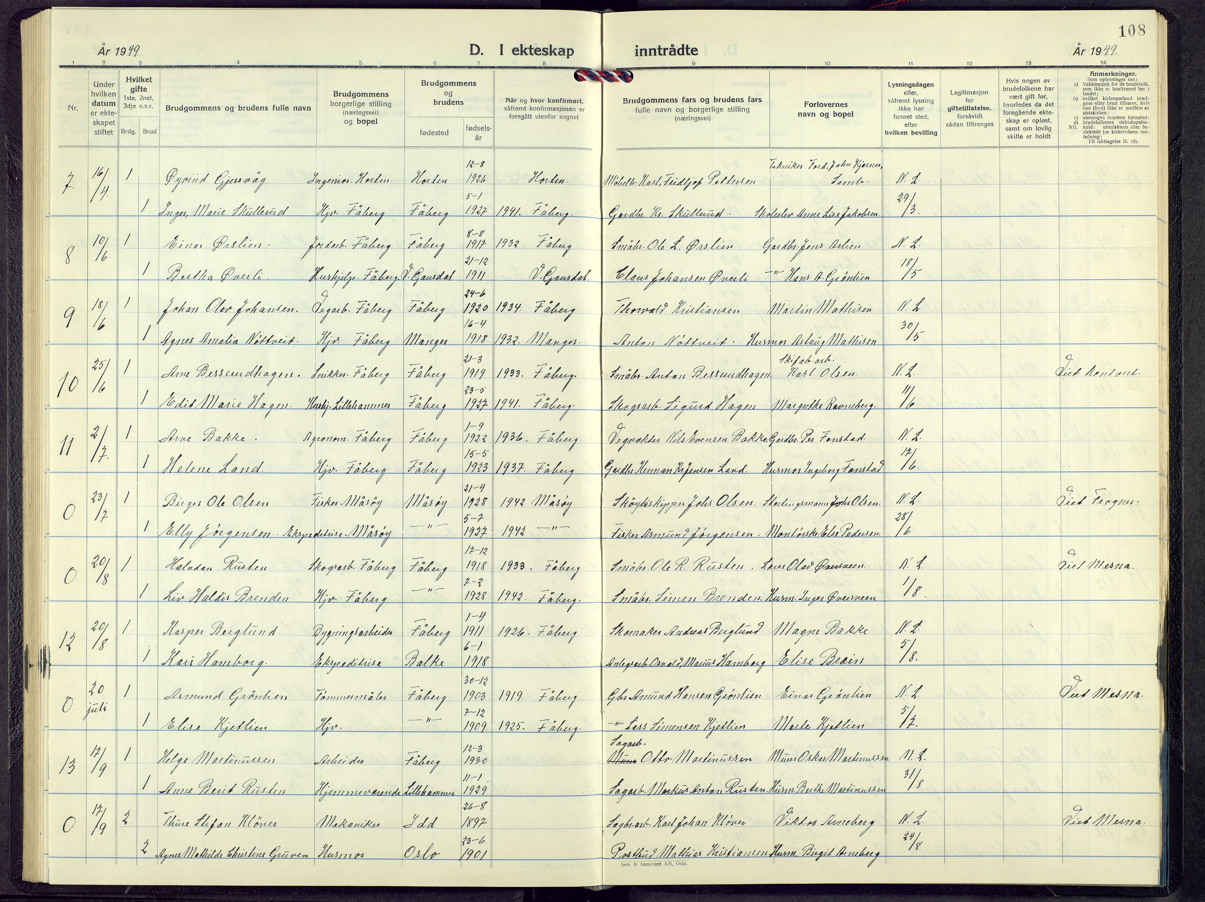 Fåberg prestekontor, AV/SAH-PREST-086/H/Ha/Hab/L0017: Parish register (copy) no. 17, 1946-1970, p. 108