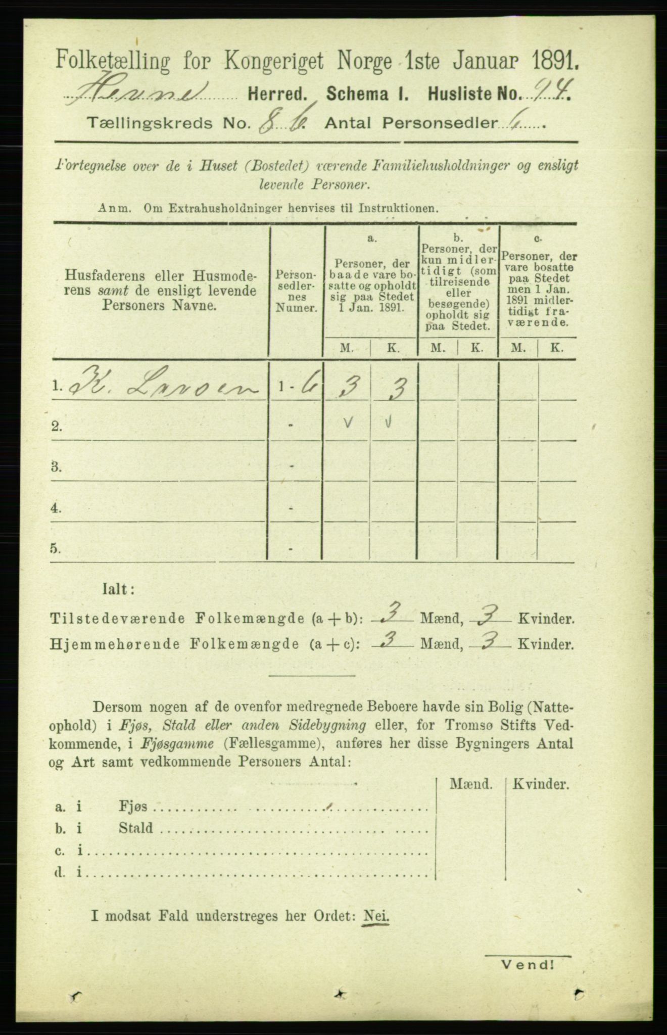 RA, 1891 census for 1612 Hemne, 1891, p. 5504