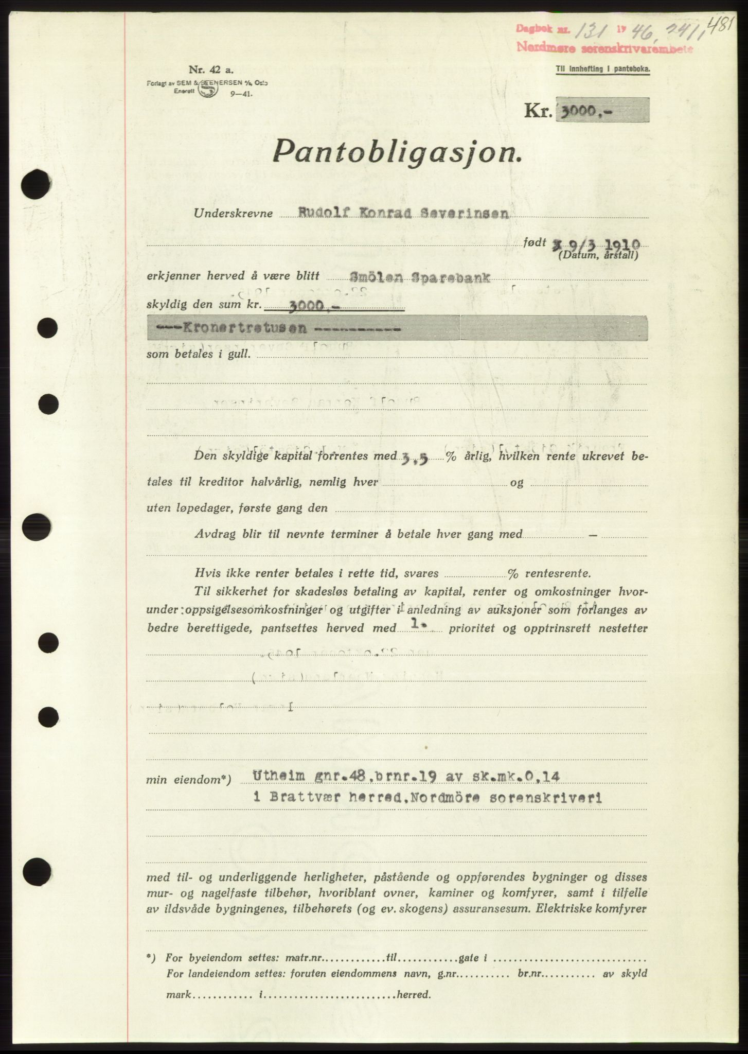 Nordmøre sorenskriveri, AV/SAT-A-4132/1/2/2Ca: Mortgage book no. B93b, 1946-1946, Diary no: : 131/1946