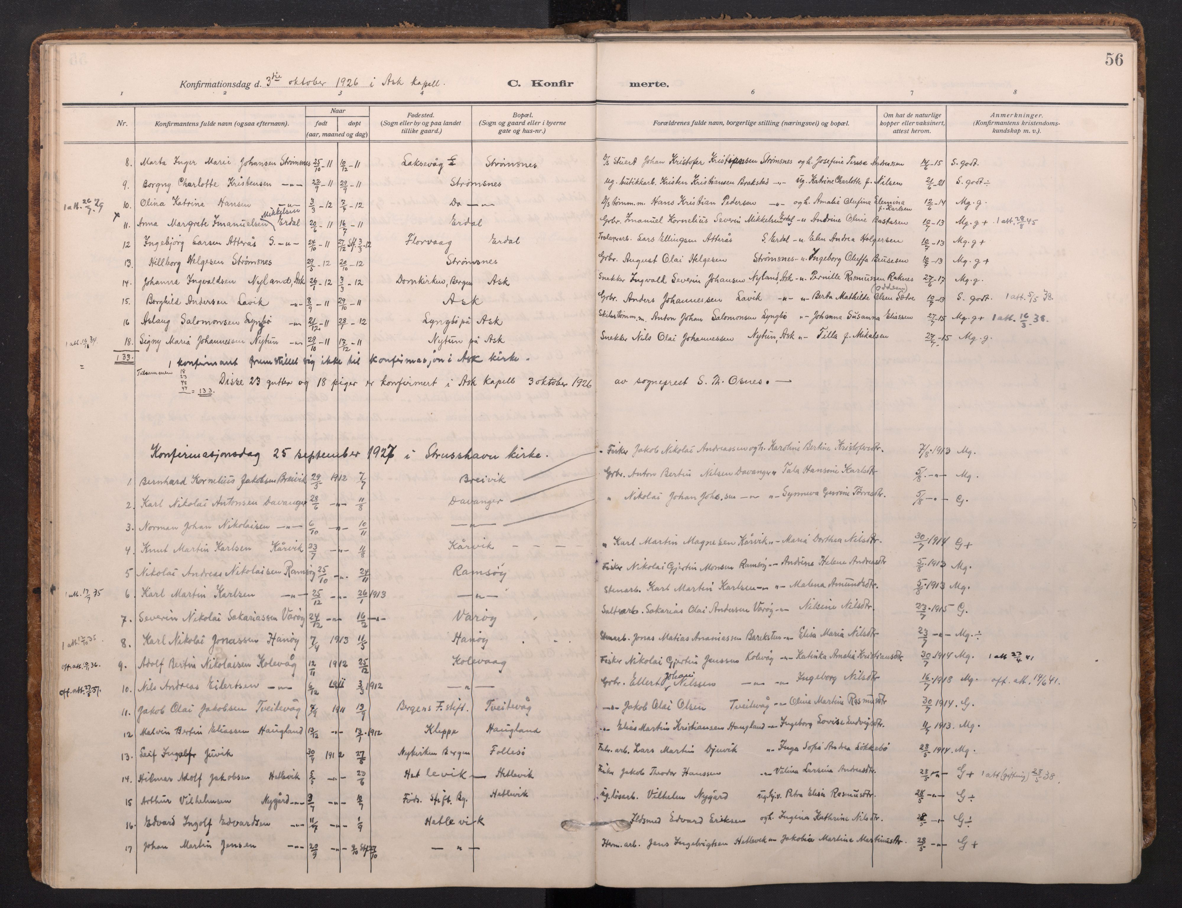 Askøy Sokneprestembete, AV/SAB-A-74101/H/Ha/Haa/Haad/L0002: Parish register (official) no. D 2, 1915-1935, p. 56