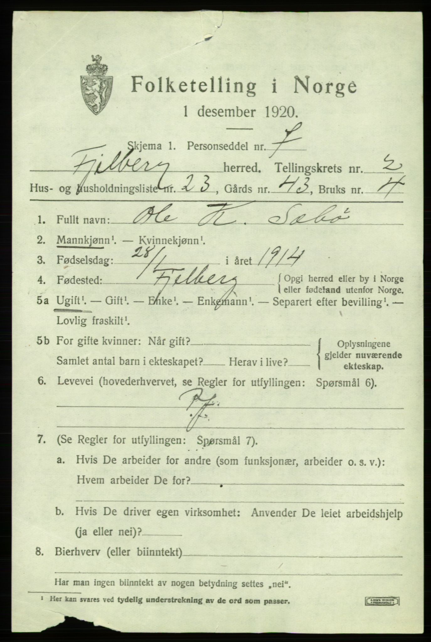 SAB, 1920 census for Fjelberg, 1920, p. 1121