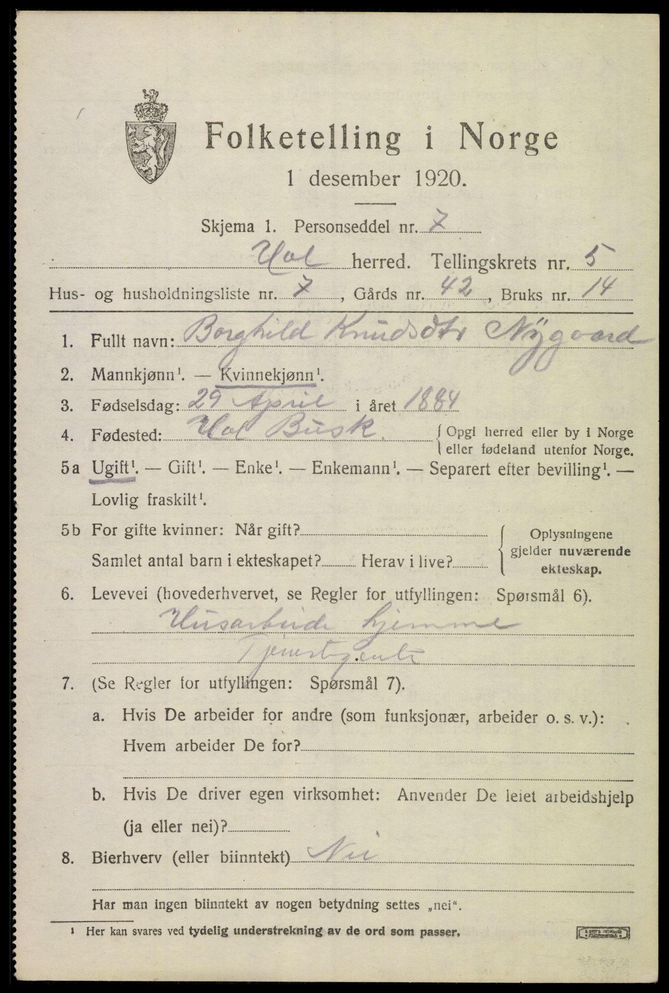 SAKO, 1920 census for Hol (Buskerud), 1920, p. 2833