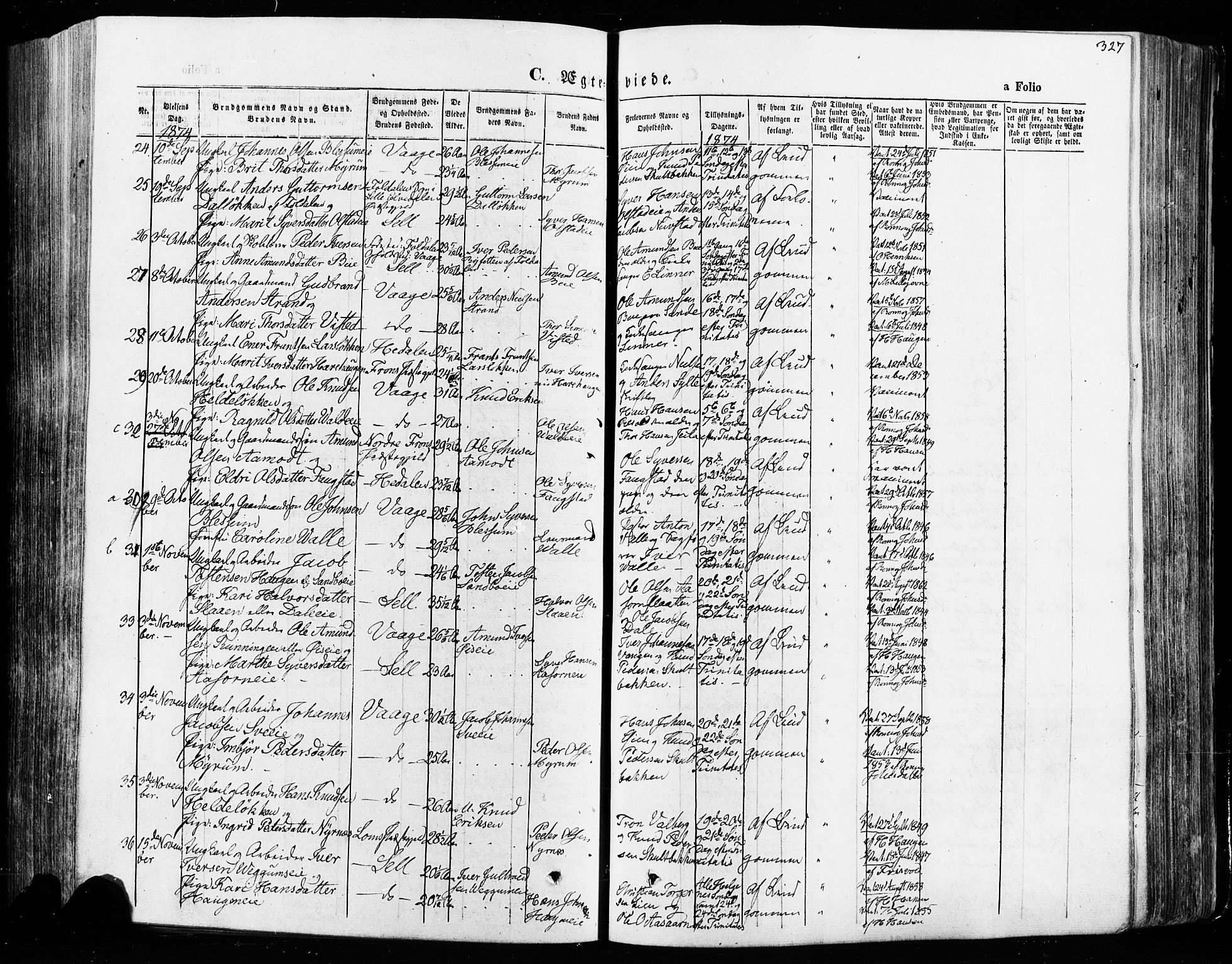 Vågå prestekontor, SAH/PREST-076/H/Ha/Haa/L0007: Parish register (official) no. 7 /1, 1872-1886, p. 327